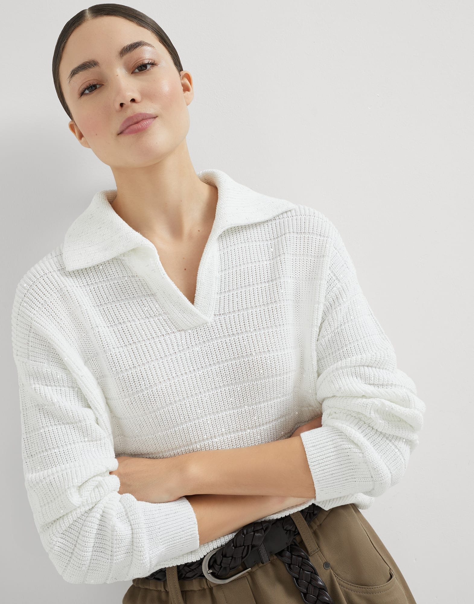 Textured half English rib knit polo shirt in cotton Diamond yarn - 4