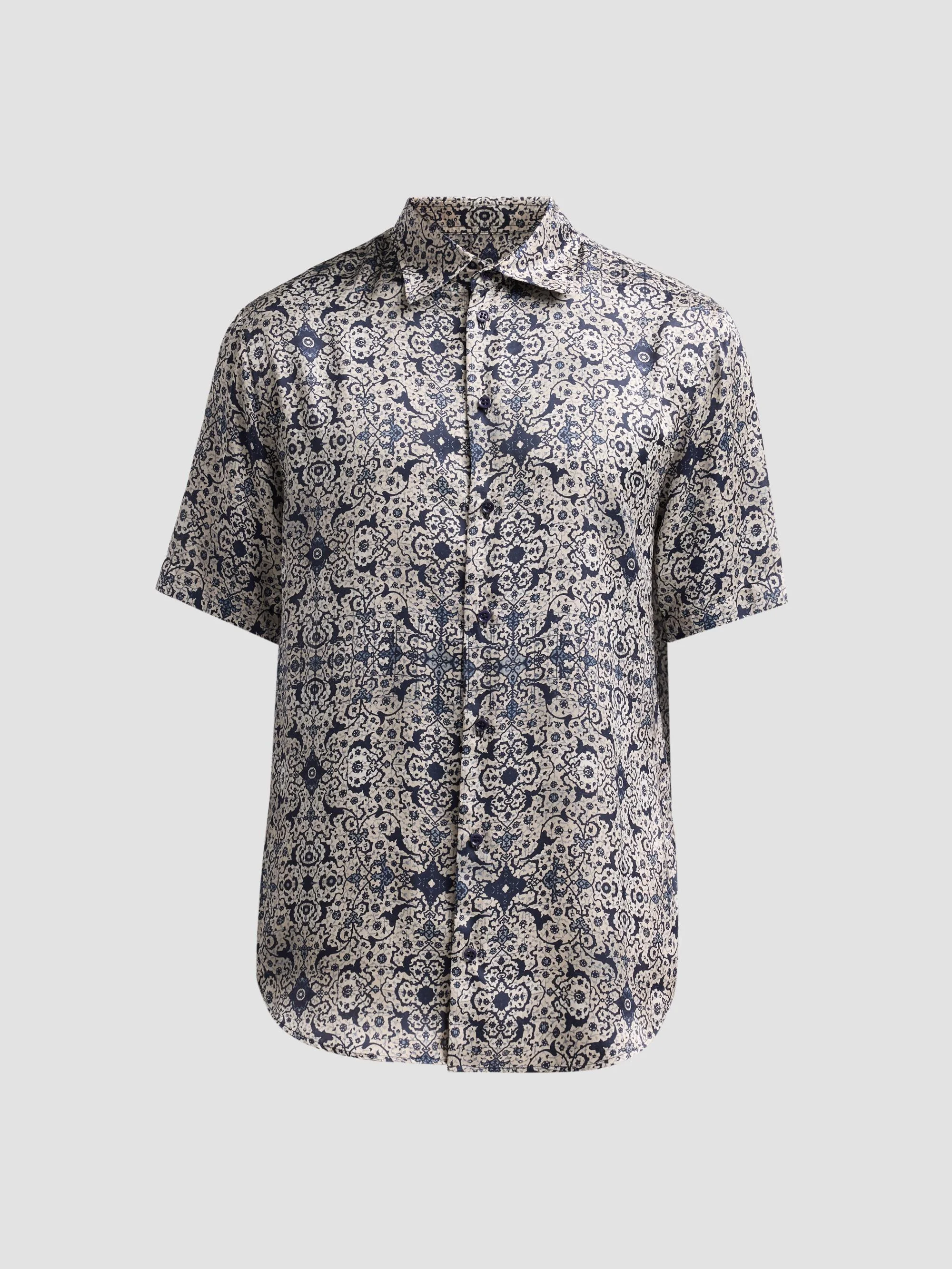 Men's Abstract Floral Short-Sleeve Sport Shirt - Blue Arabesque - 1