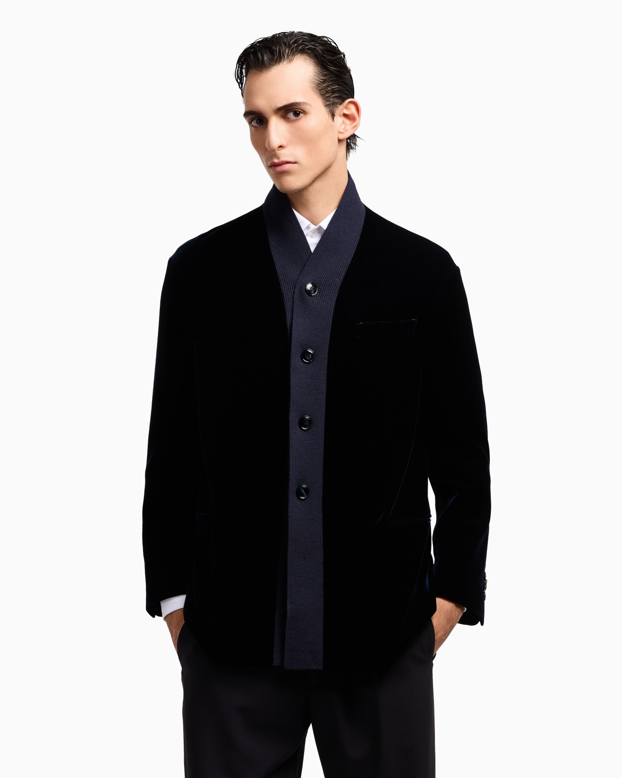 SINGLE-BREASTED JACKET IN VELVET WITH KNIT DETAILS - 4