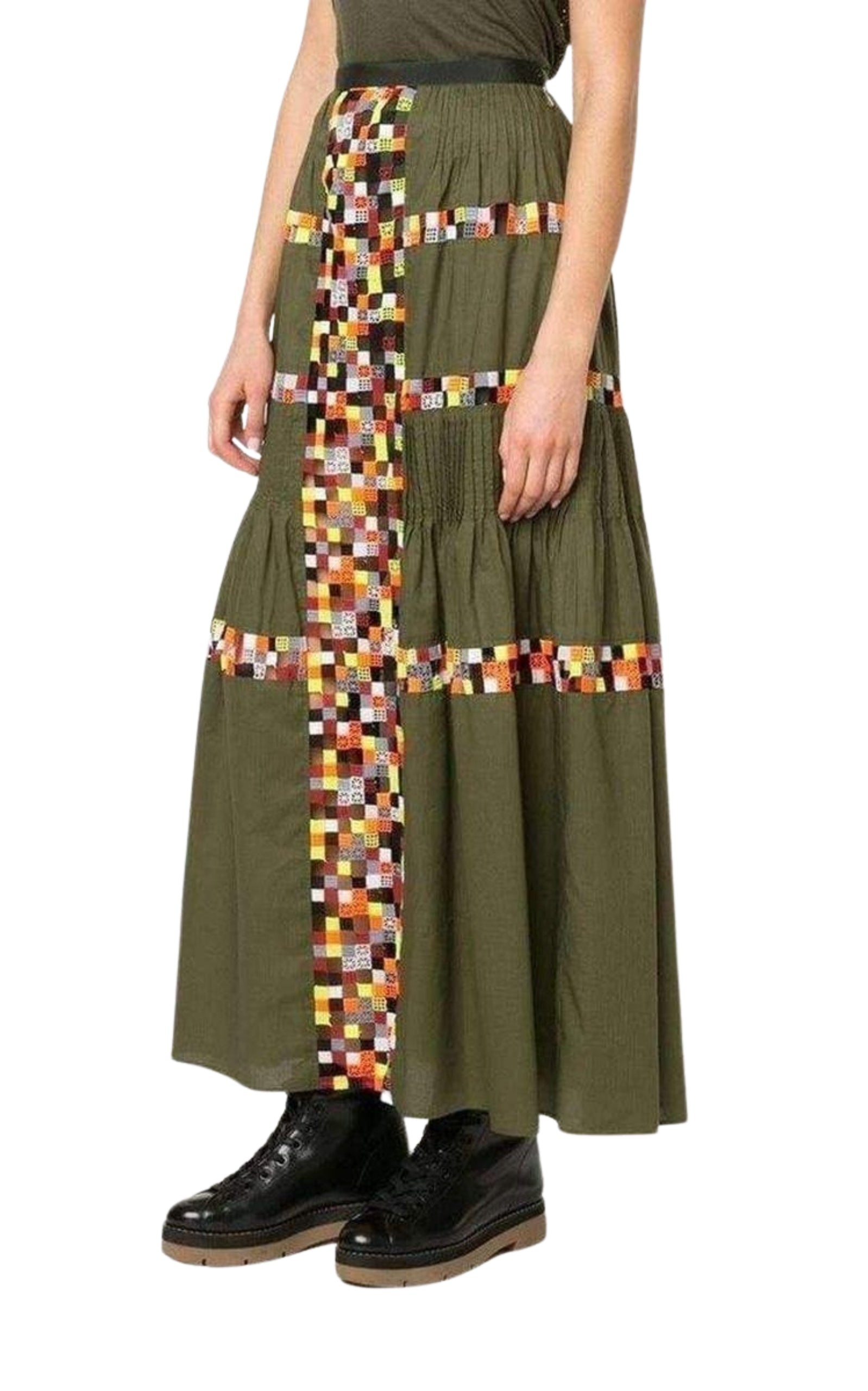 Military Green Embroidered Long Skirt - 3
