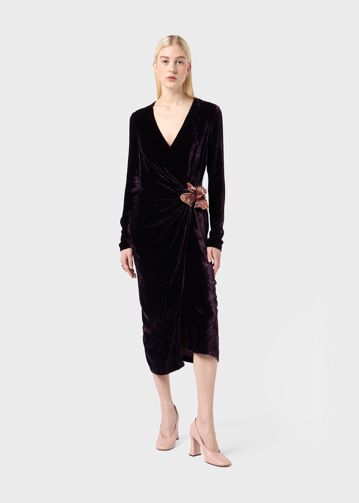 MIDI DRESS IN HAMMERED VELVET WITH FLOWER - 2