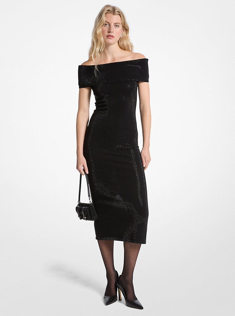 Embellished Stretch Knit Off-The-Shoulder Dress 1
