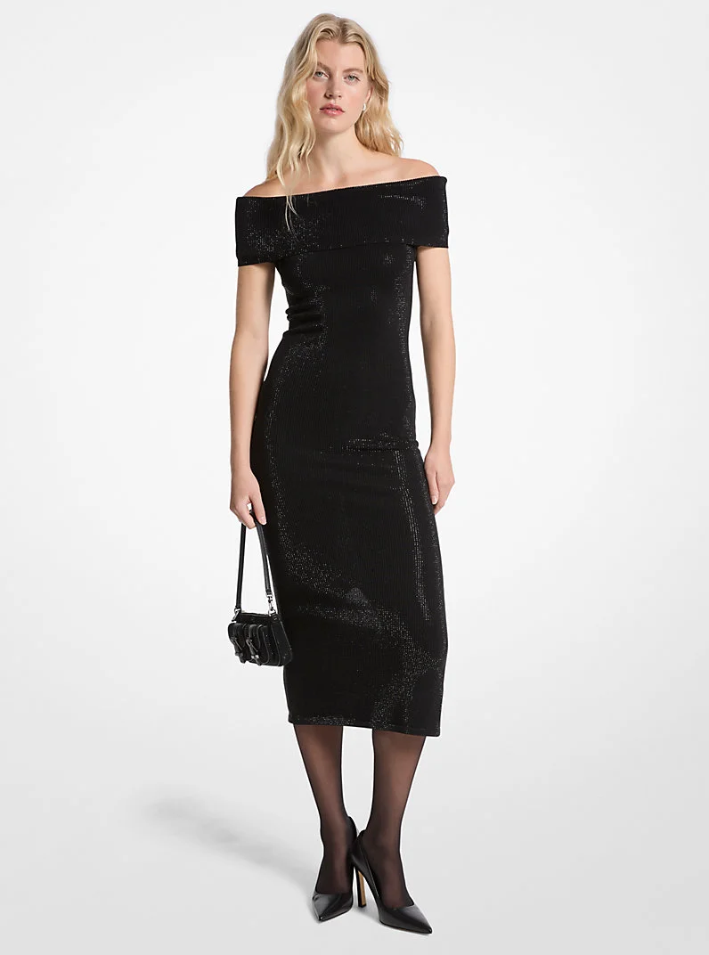 Embellished Stretch Knit Off-The-Shoulder Dress - 1