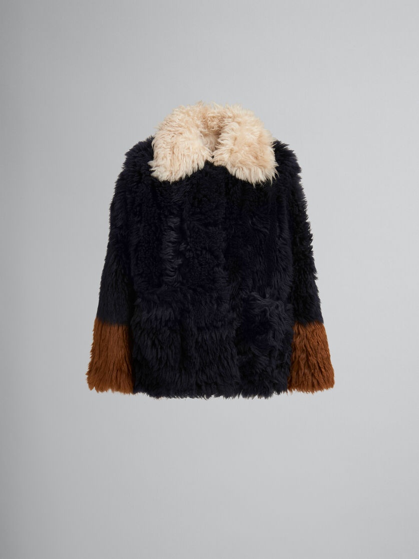 NAVY LONG-HAIR SHEARLING JACKET WITH CONTRAST TRIMS - 1