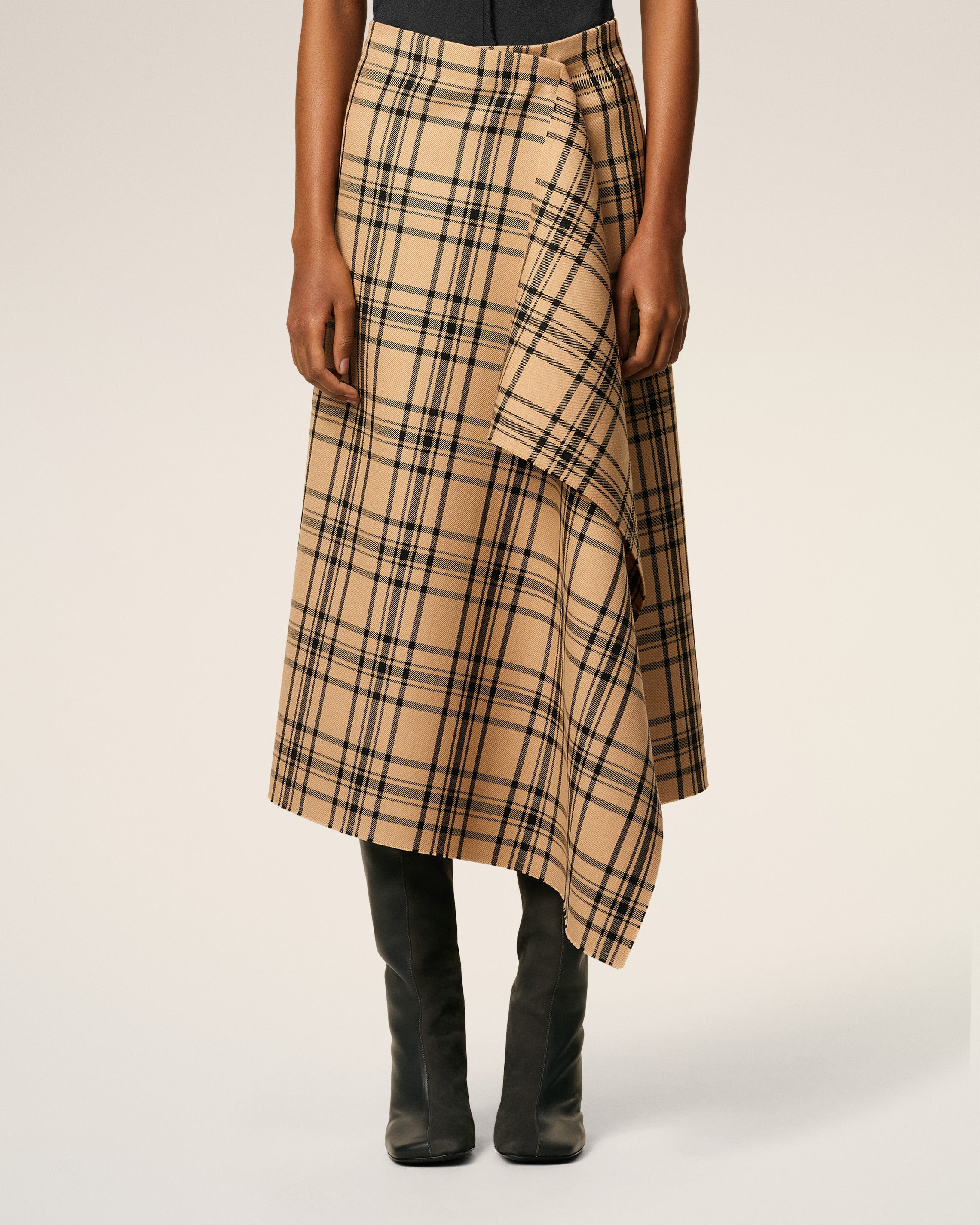 BROWN WOOL MIDI CHECKED WRAPPED SKIRT - 3