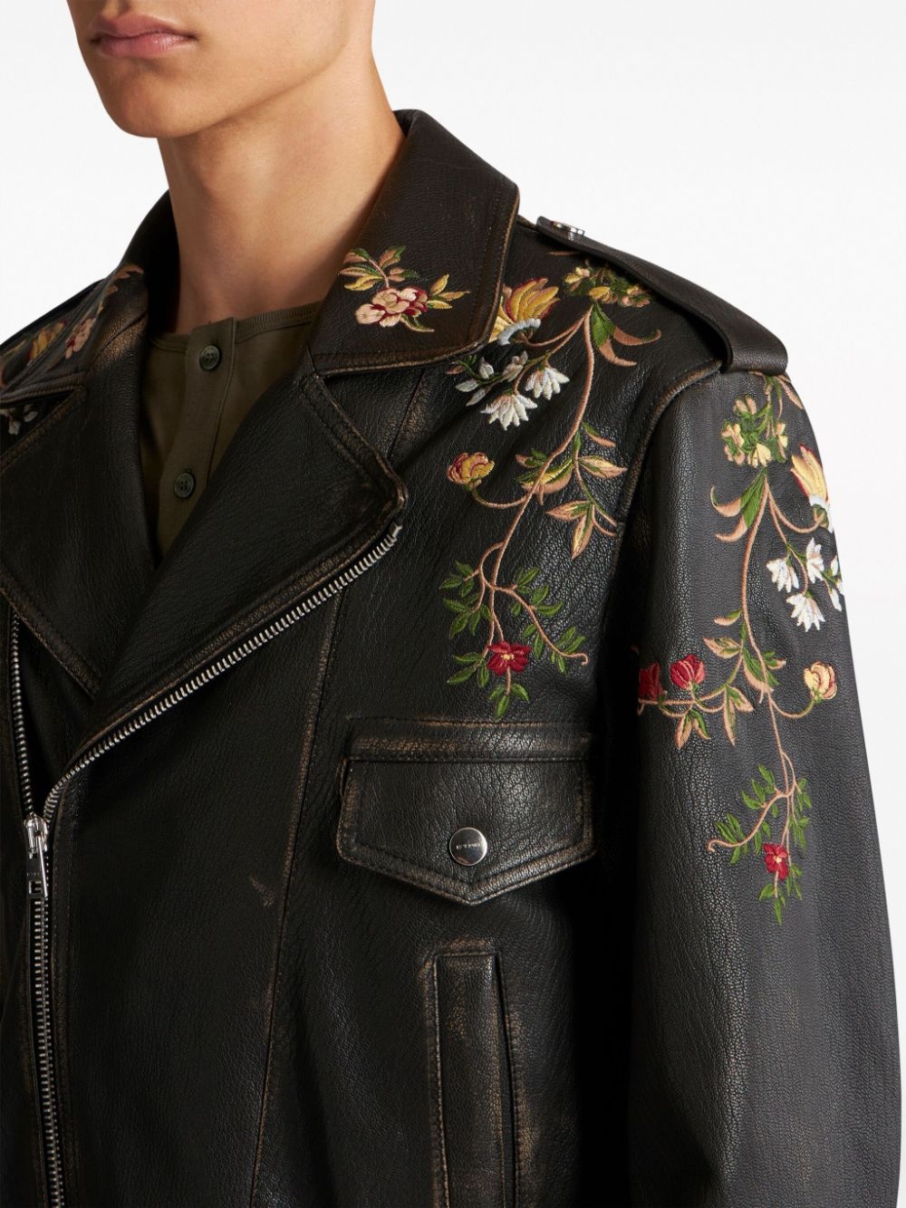 floral-embroidery leather biker jacket - 4