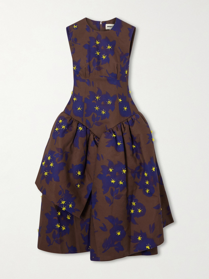 Asymmetric Embellished Gathered Printed Taffeta Dress 1