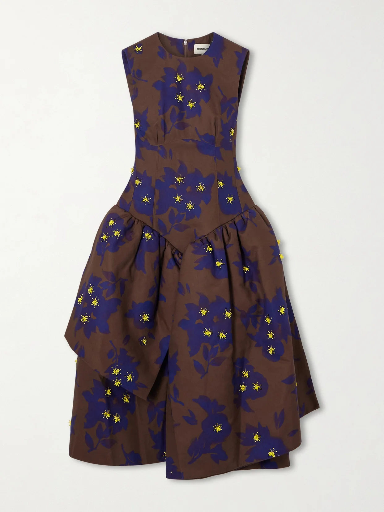 Asymmetric Embellished Gathered Printed Taffeta Dress - 1