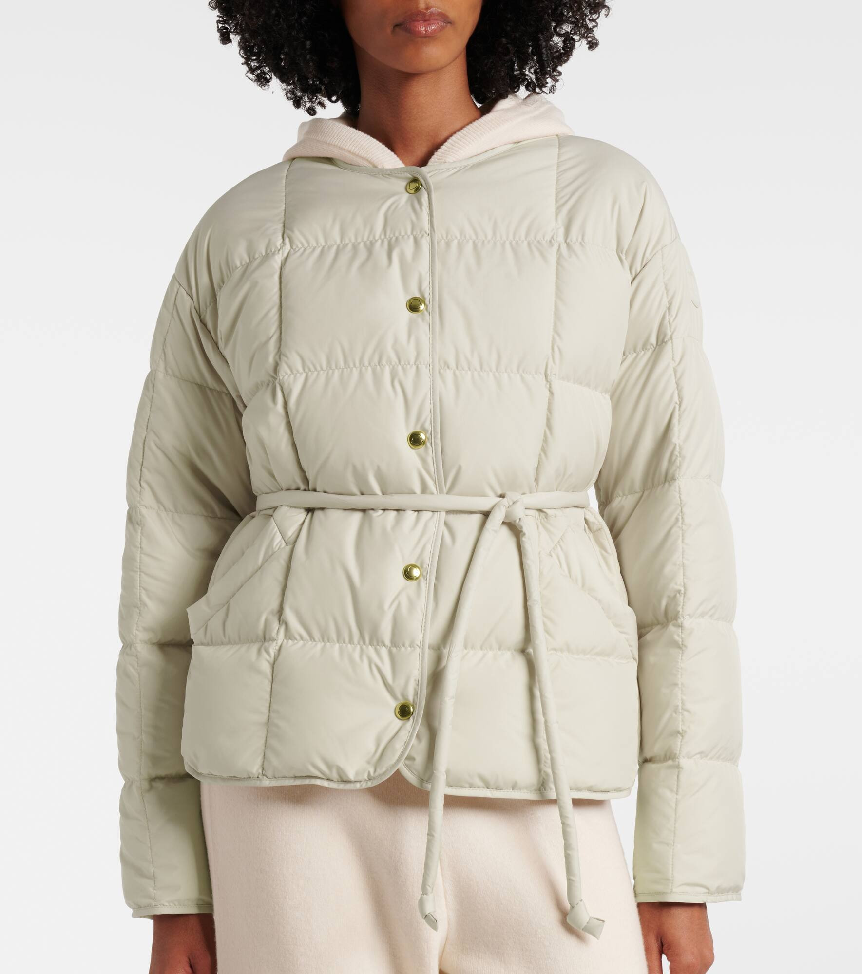 Belted leather-trimmed down jacket - 6