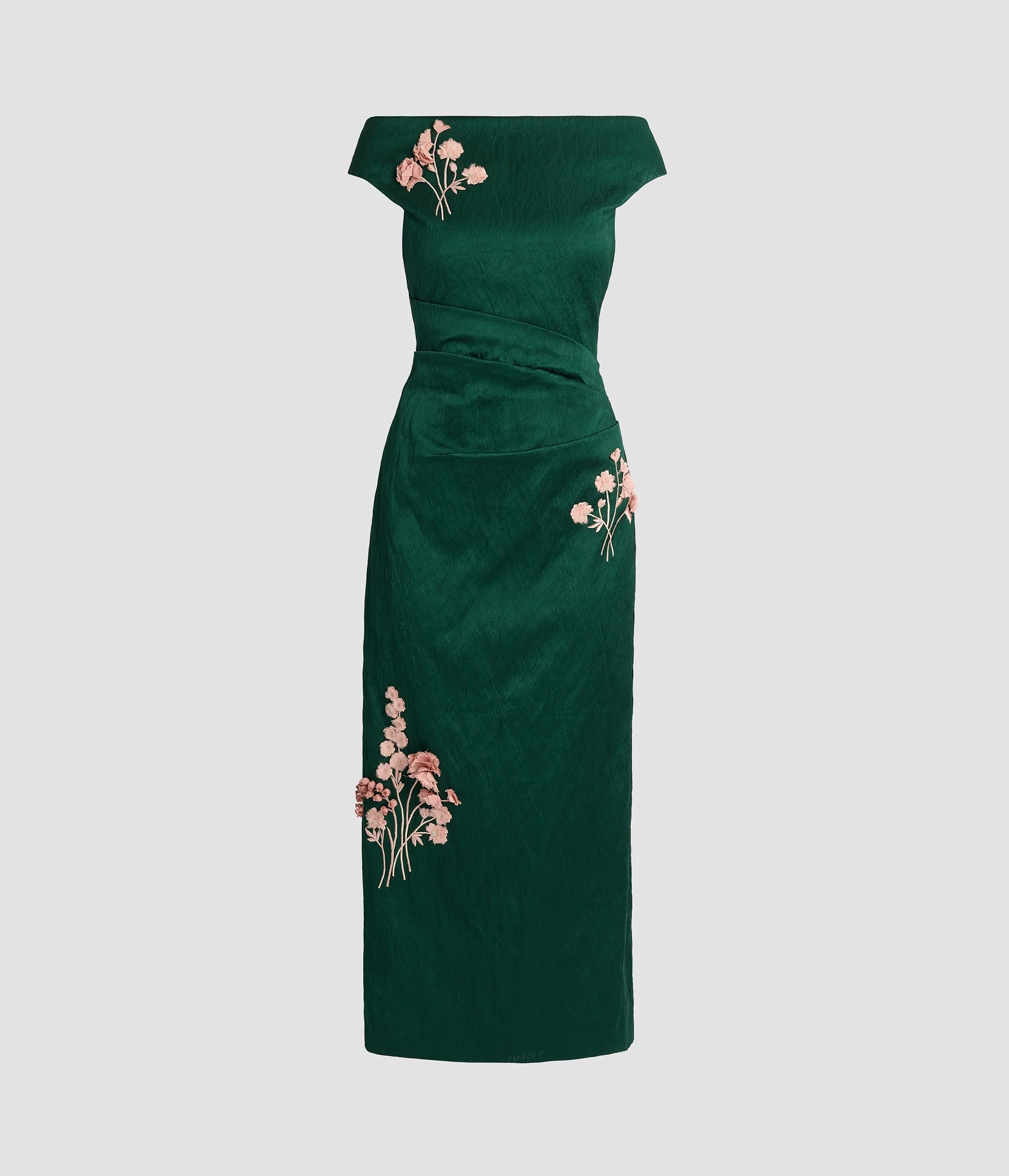 EMBROIDERED TEXTURED SATIN MIDI PENCIL DRESS - 1