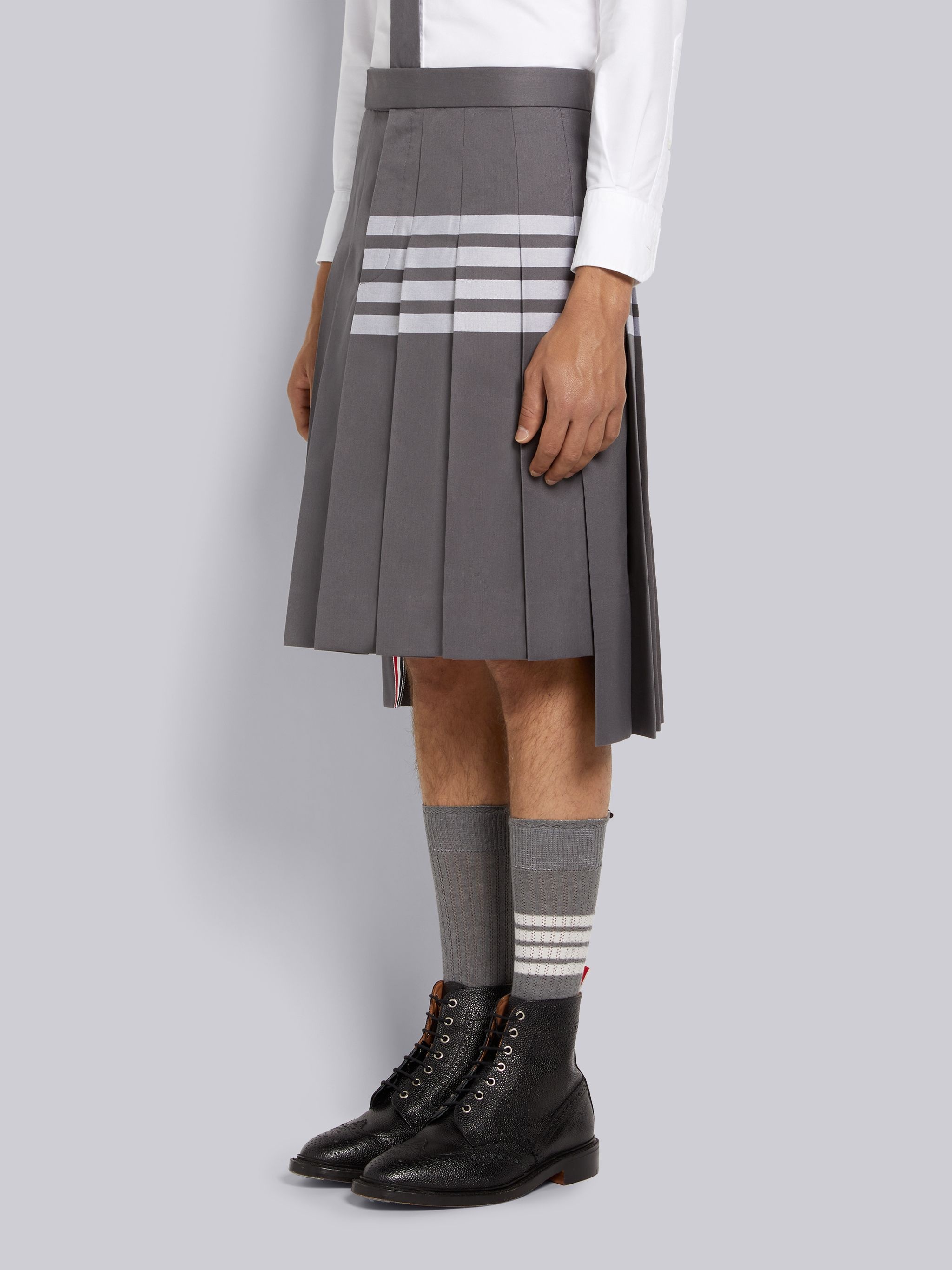 Medium Grey Hairline Madras Check Backstrap Pleated Knee Length Skirt - 2