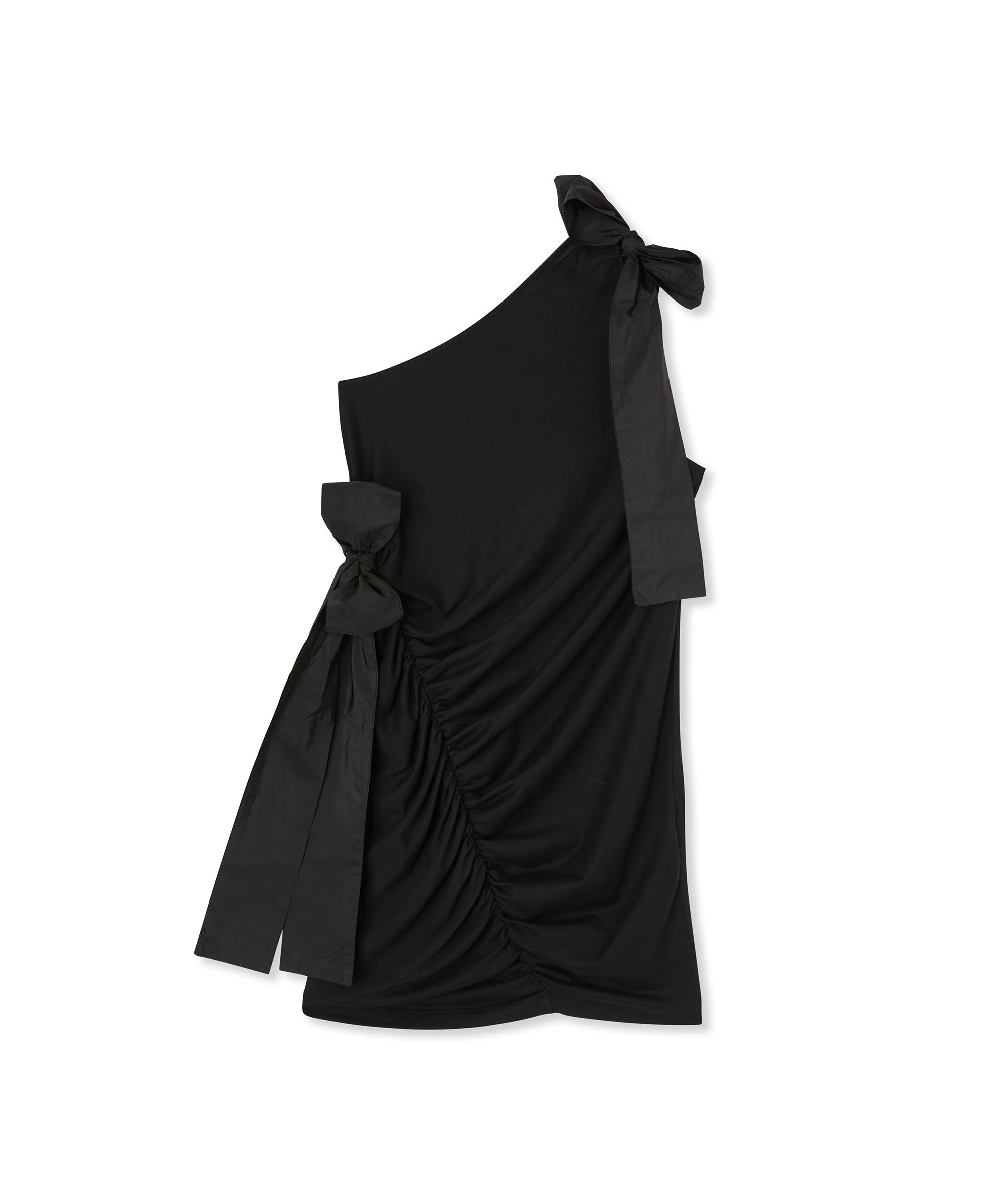 One-shoulder short dress in jersey with taffeta bows - 1