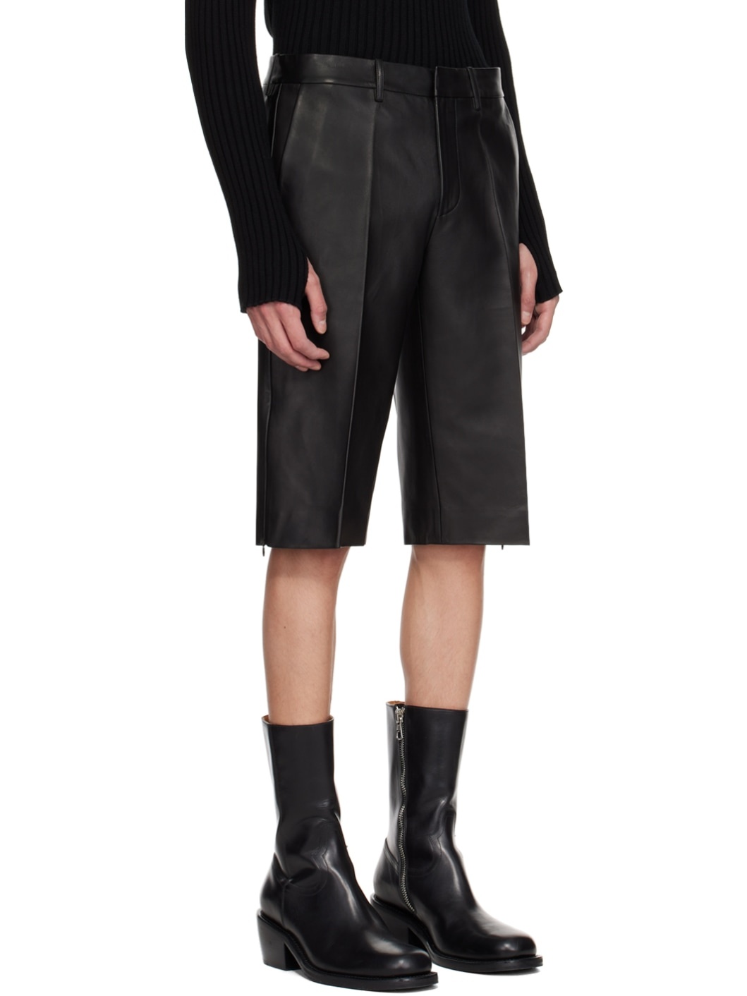 Black Creased Leather Shorts - 2