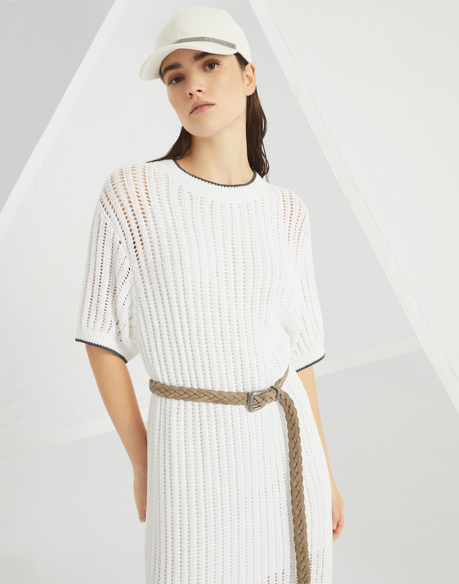Cotton openwork rib knit dress with monili - 4