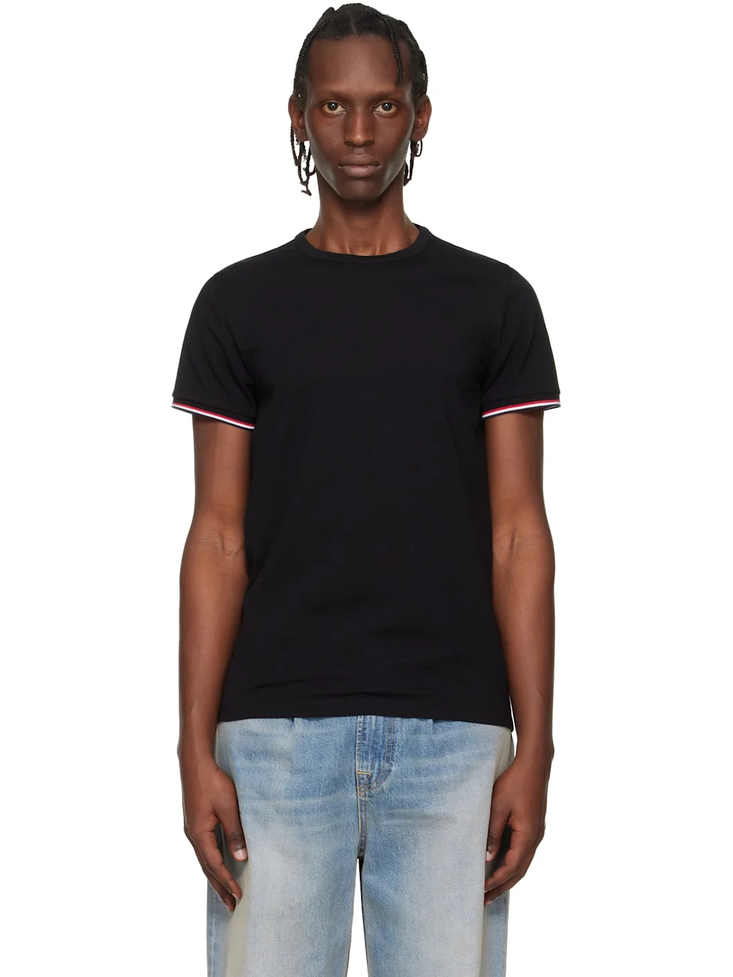 Black Tricolor-Trimmed Cotton T-shirt - 1