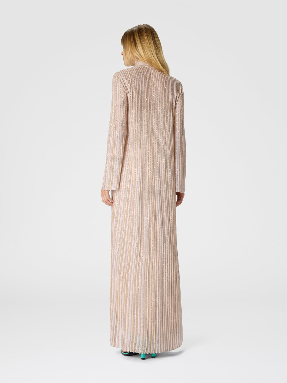 Long Button-Down Dress with Lamé Stripes and Long Sleeves - 3