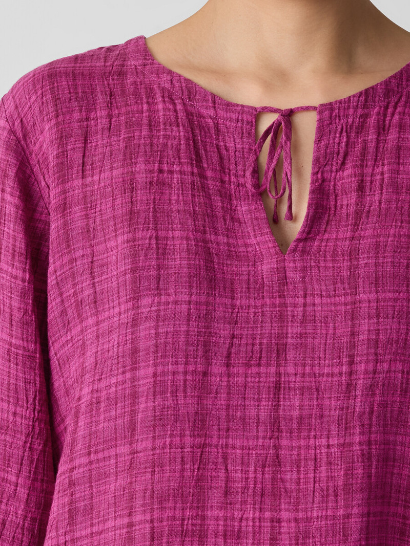 Puckered Organic Linen Plaid Keyhole Top 5