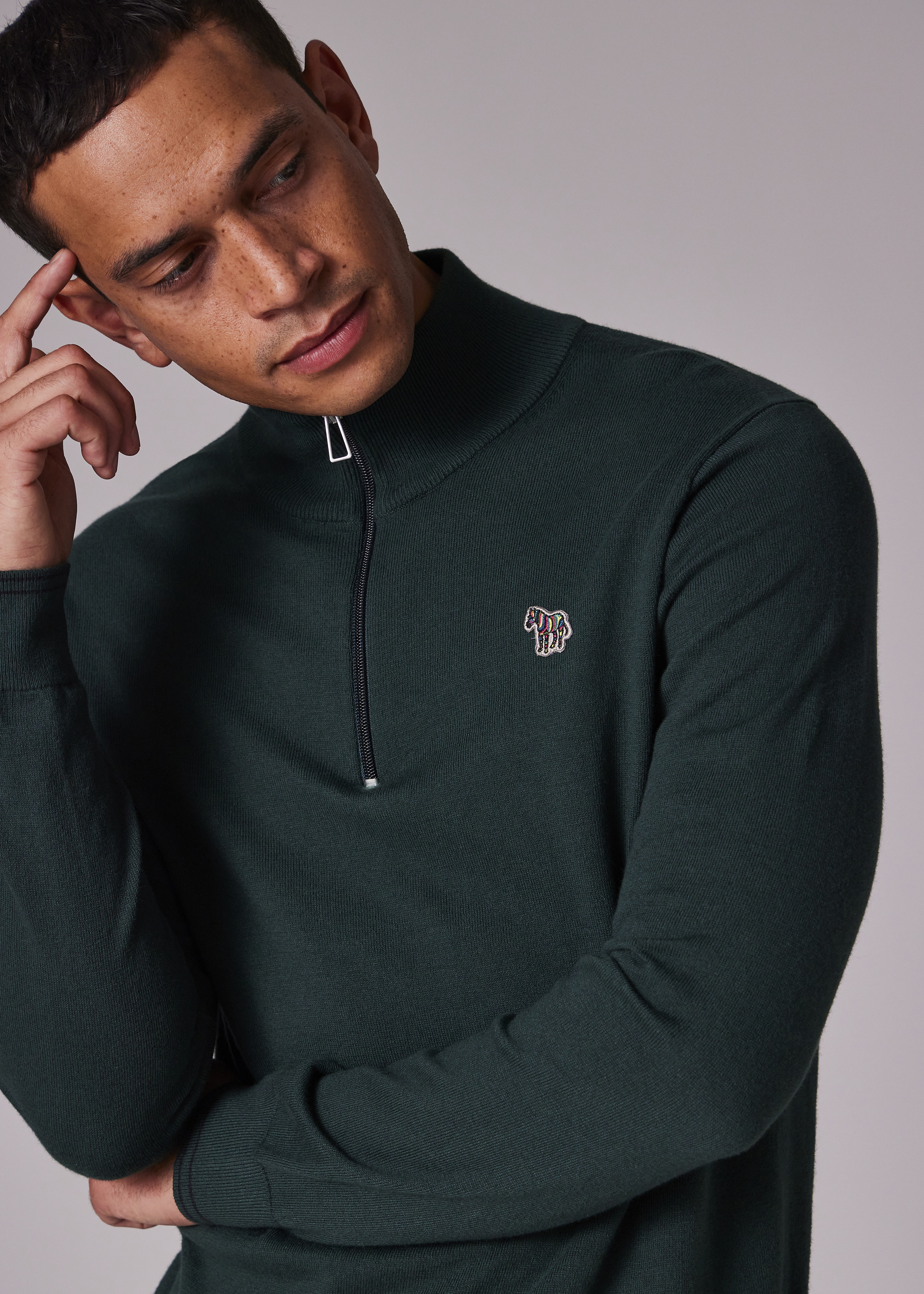 Dark Green Cotton-Blend Zebra Logo Half Zip Sweater - 3