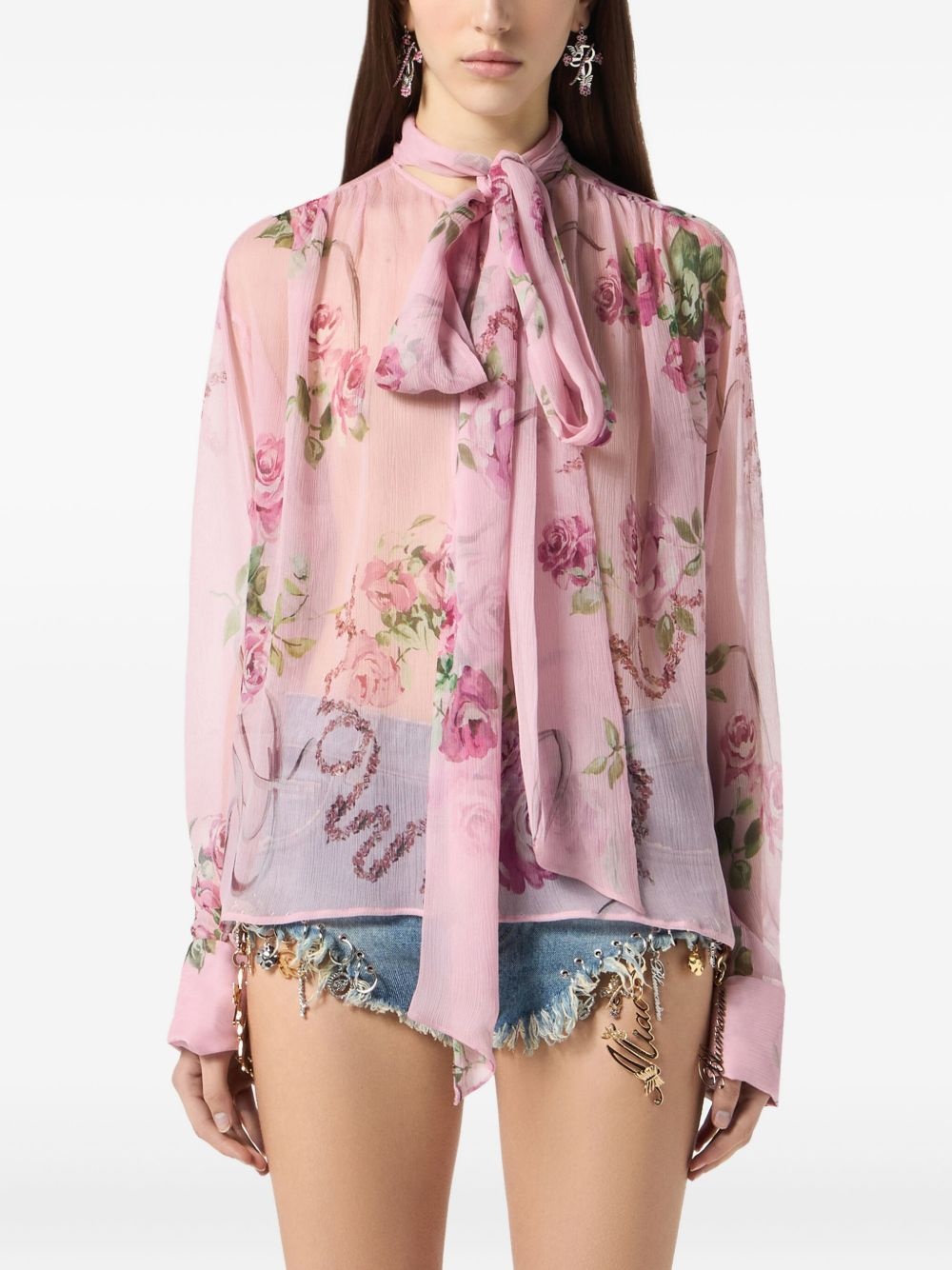 floral-print tie-neck blouse - 3