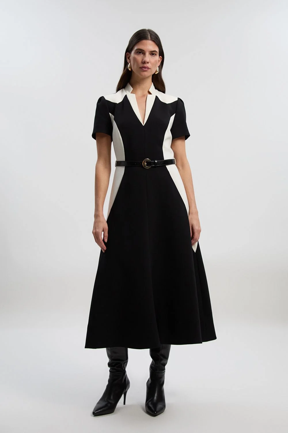 Compact Stretch Colour Block Tailored Belted Full Skirt Midi Dress - 1