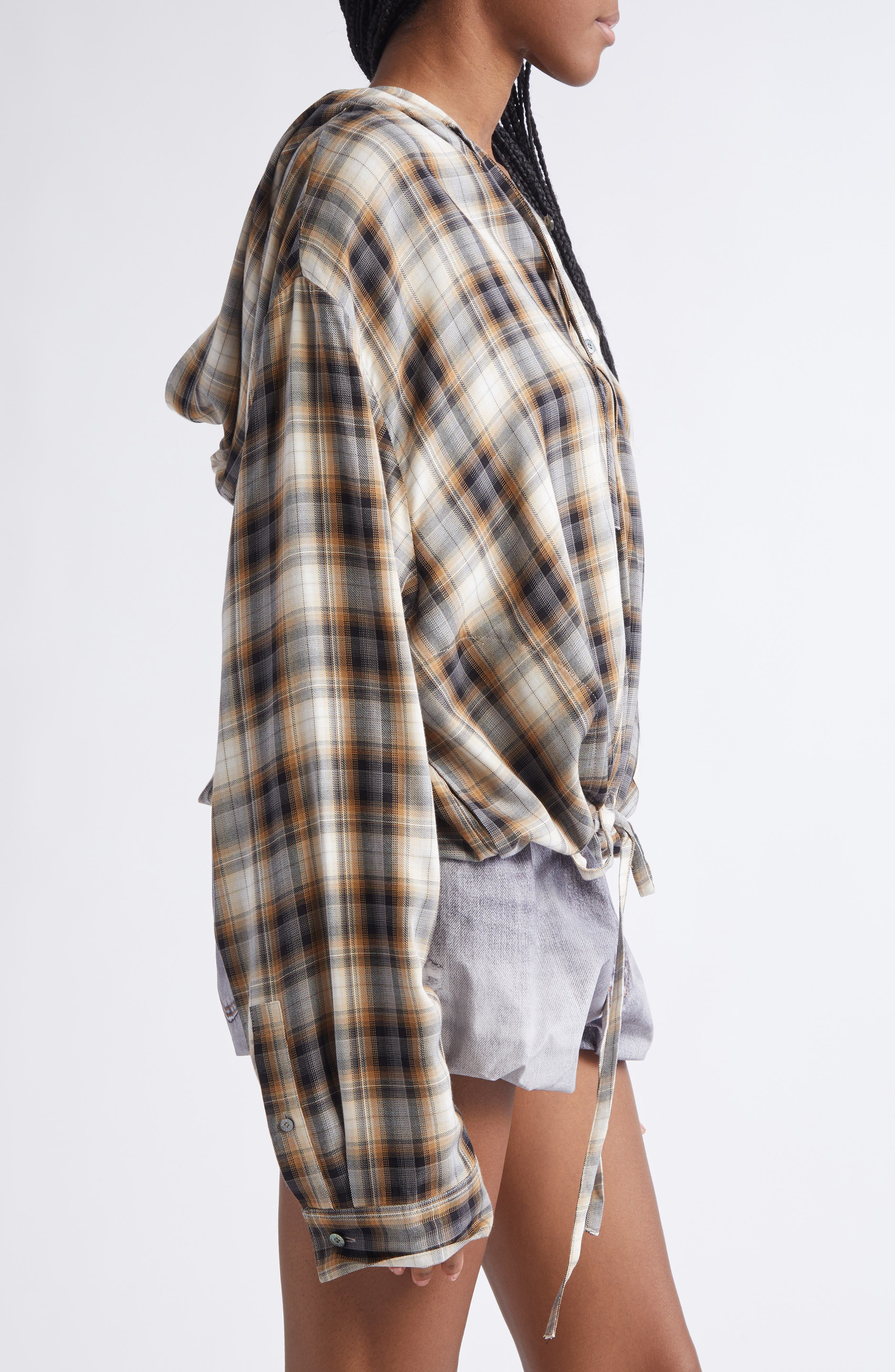 Acne Studios Sip Check Flannel Hooded Overshirt in Beige/Black at Nordstrom - 4