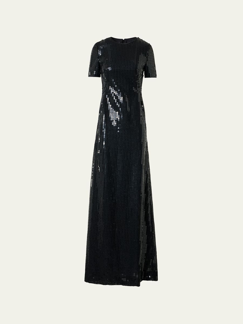 Short-Sleeve Corded Sequin Gown 1