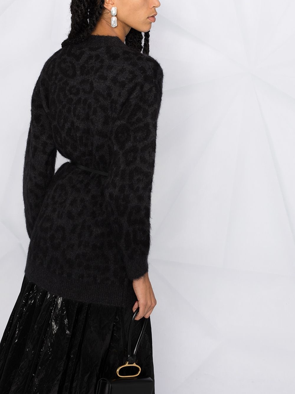 leopard pattern belted V-neck cardigan - 5