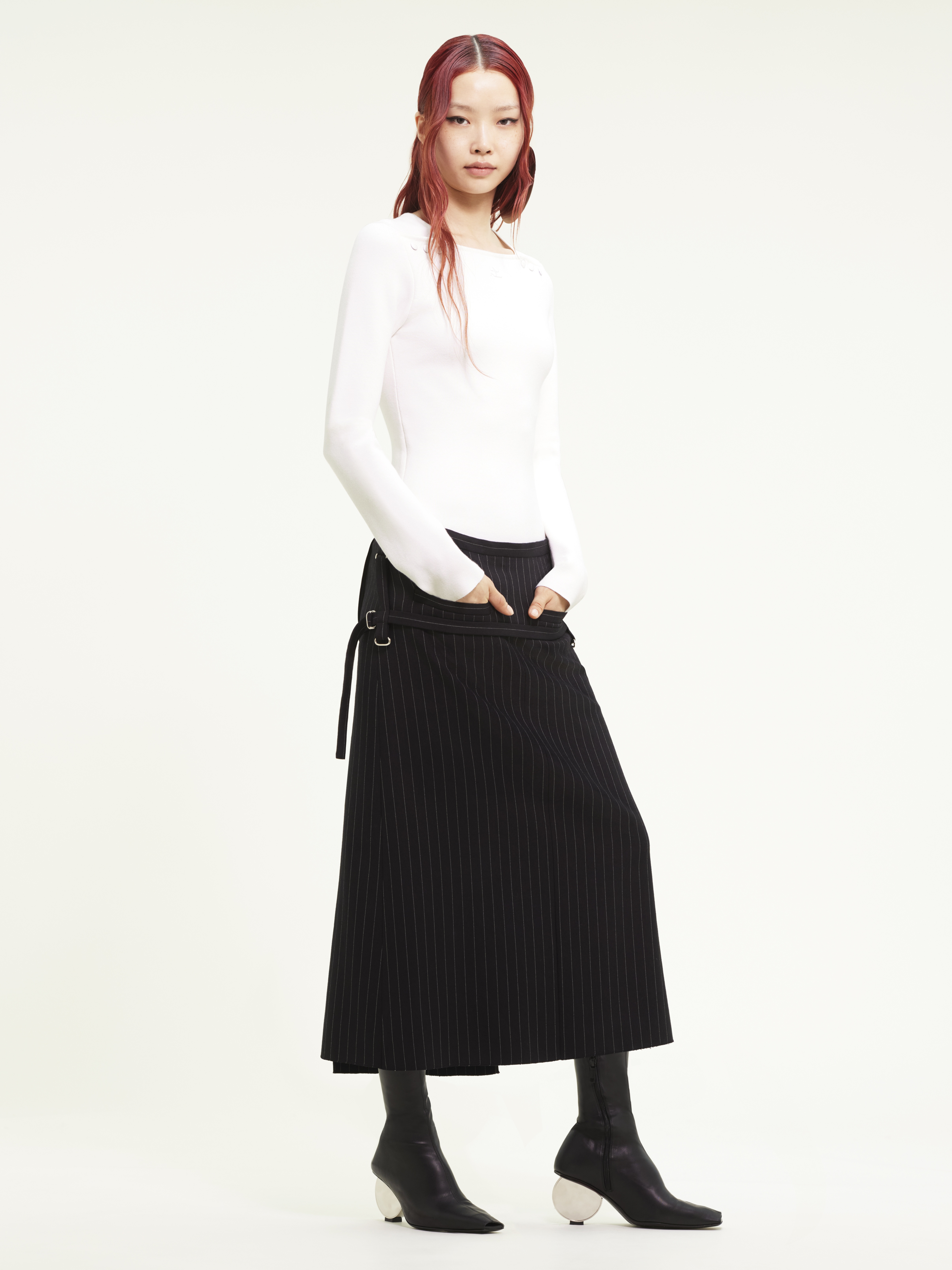 ONE STRAP PINSTRIPES WOOL SKIRT - 3
