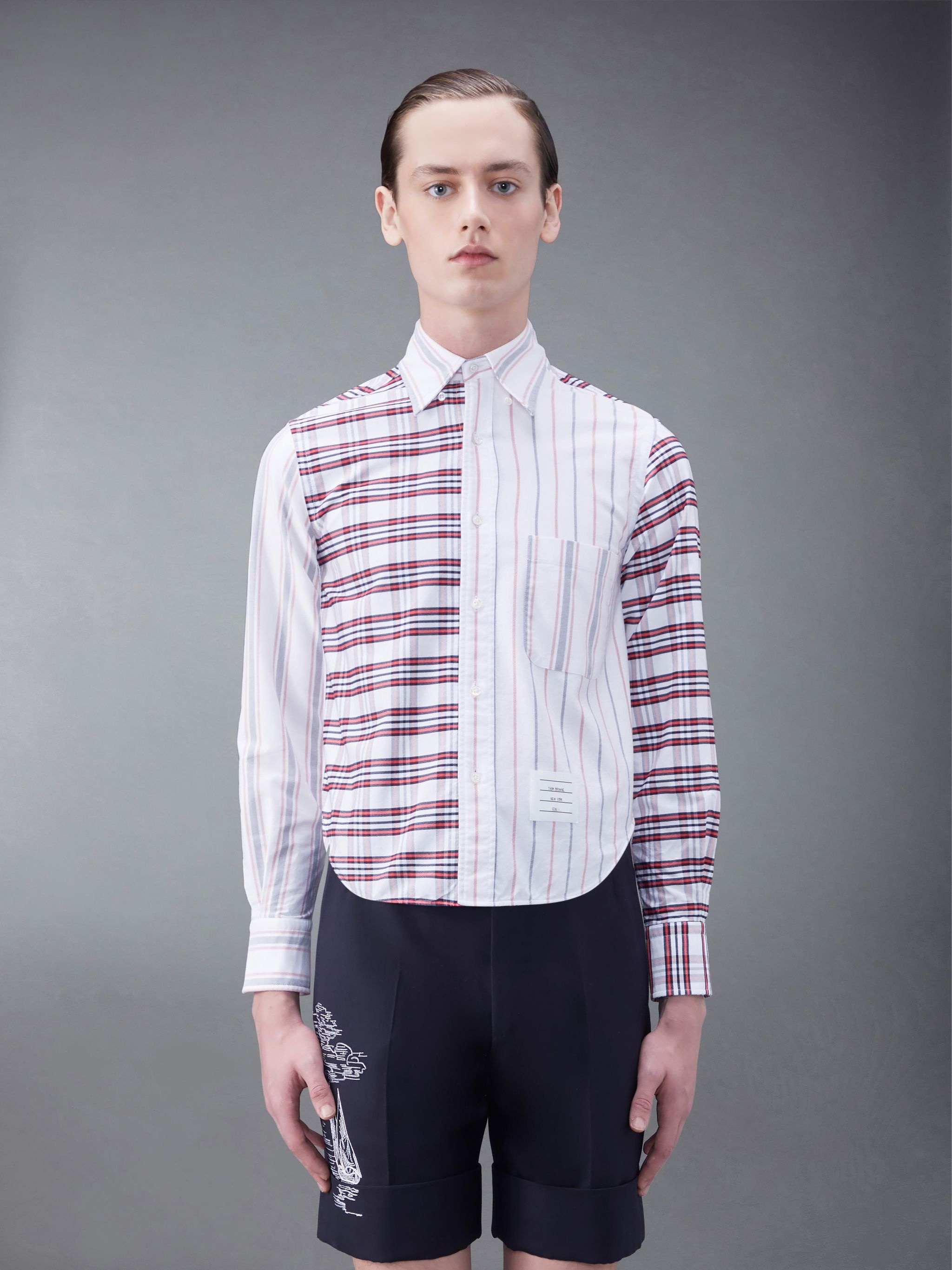 Fun-Mix Tattersall Stripe Oxford Round Hem Shirt - 2