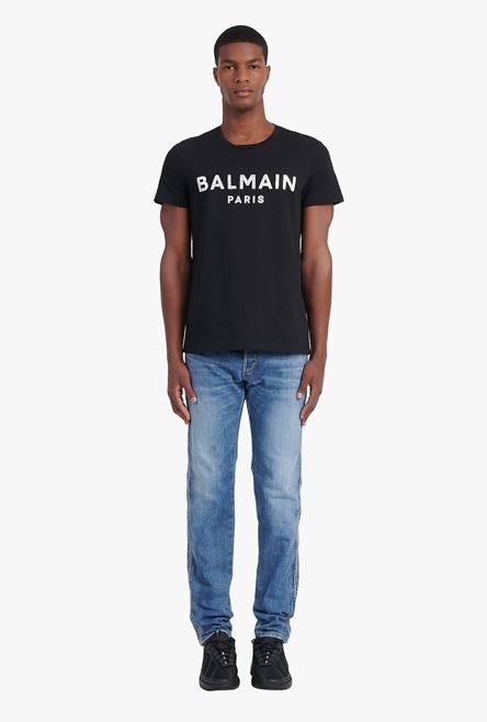 Black eco-designed cotton T-shirt with silver Balmain Paris logo print - 4