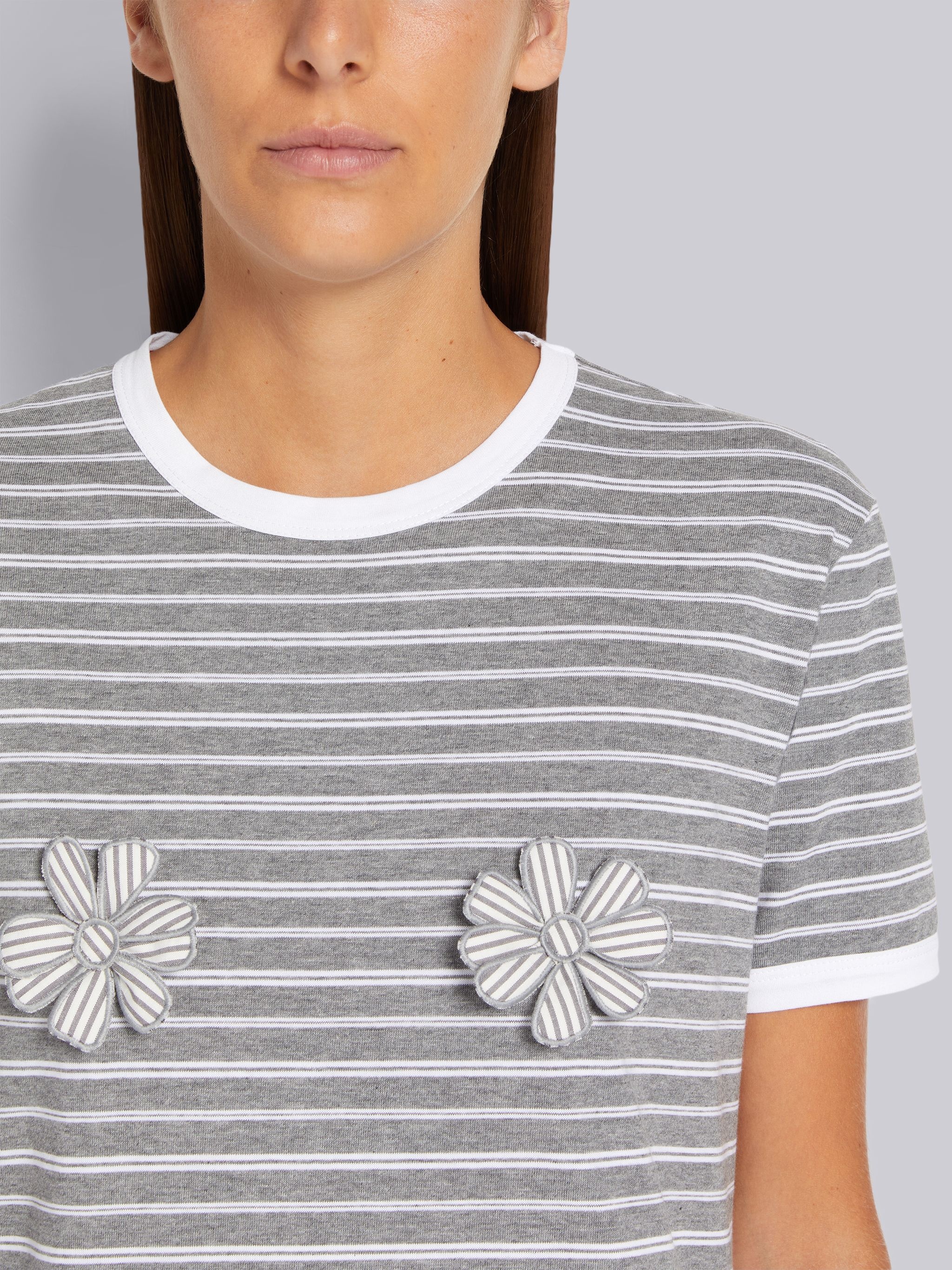 Medium Grey Organic Stripe Jersey Satin Stitch 3d Chest Flower Ringer Tee - 5