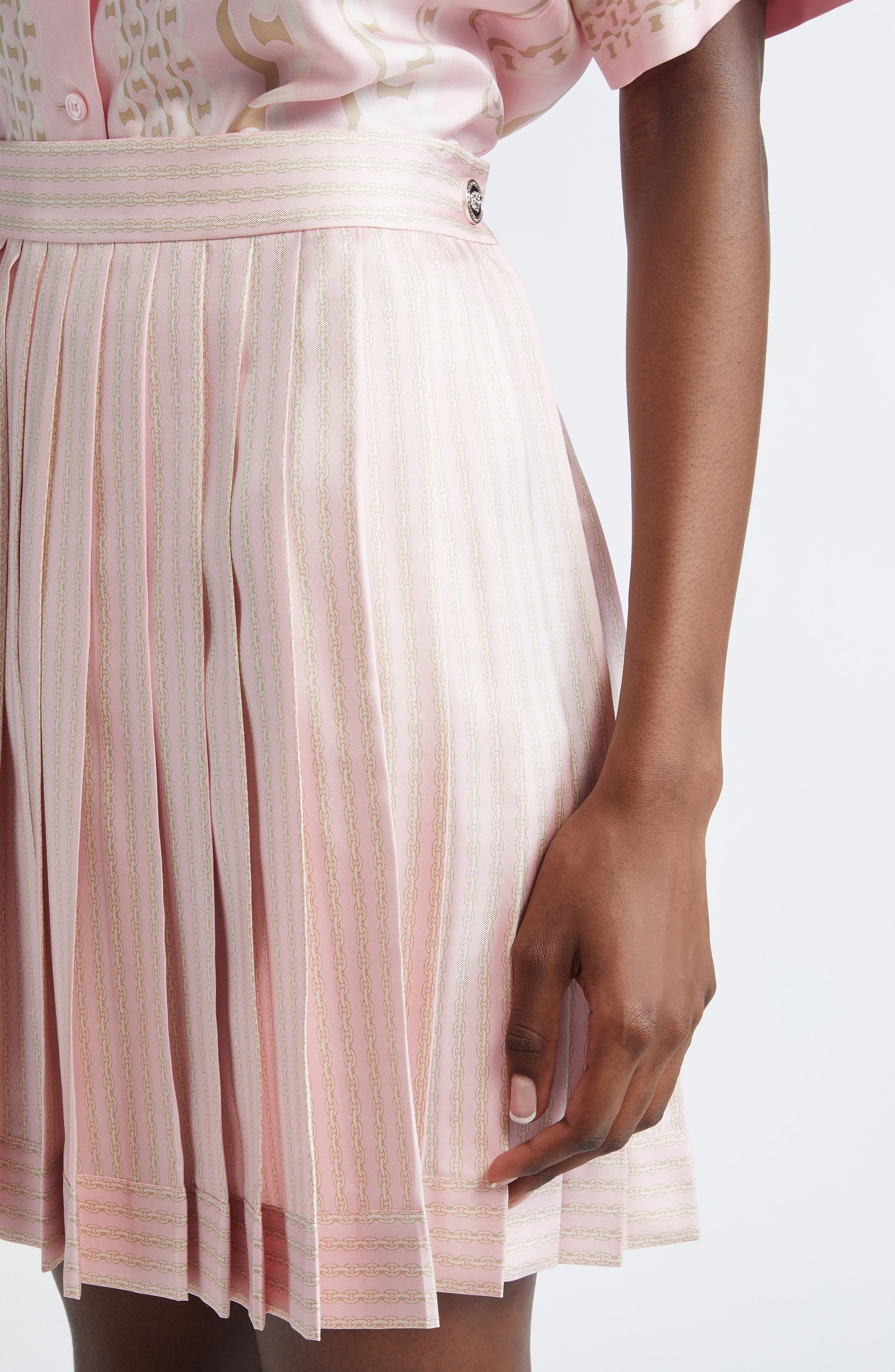 Versace Chain Pinstripe Pleated Silk Twill Skirt in Pastel Pink Milk at Nordstrom - 5
