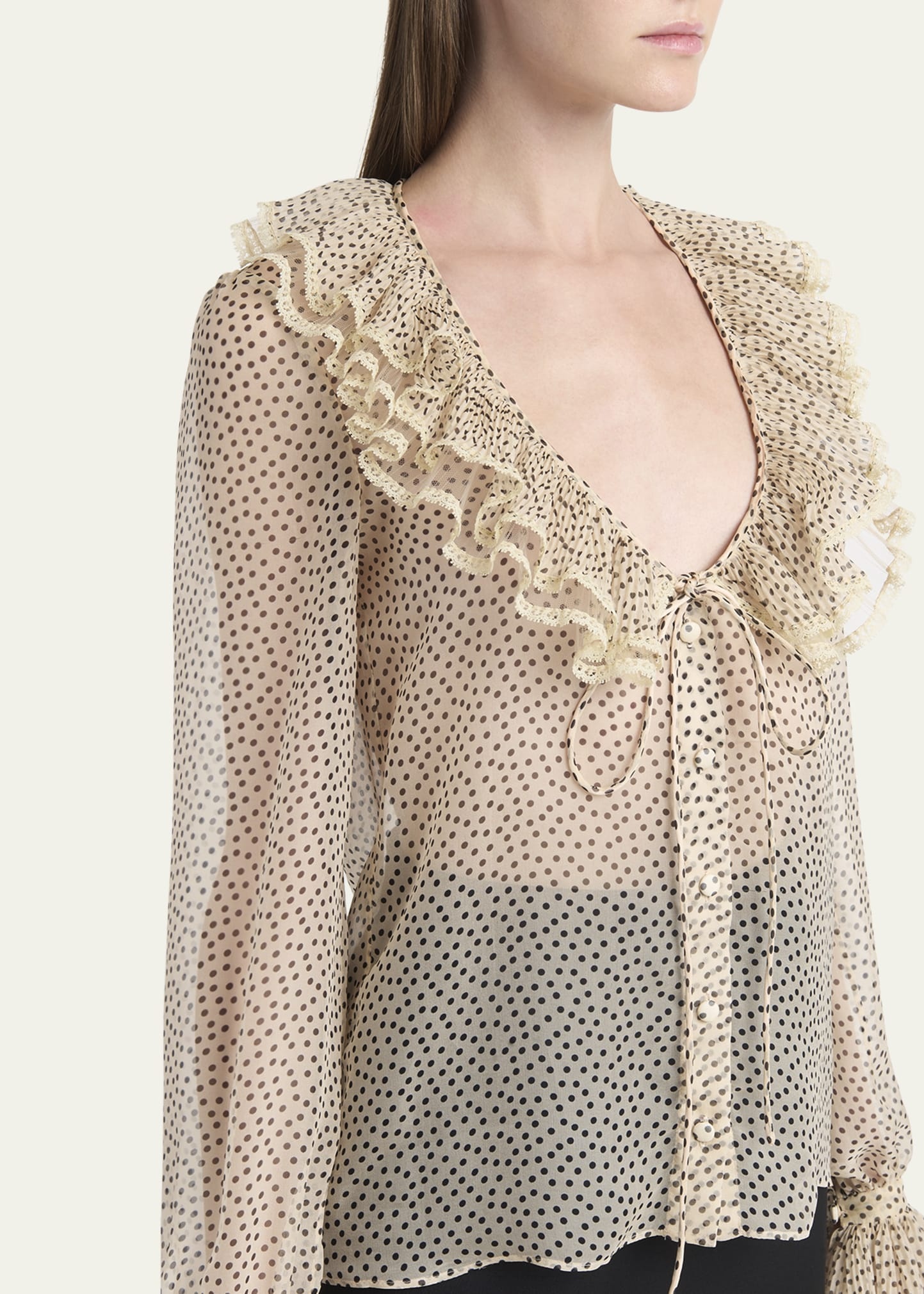 Micro Polka Dot Ruffle Chiffon Blouse - 5