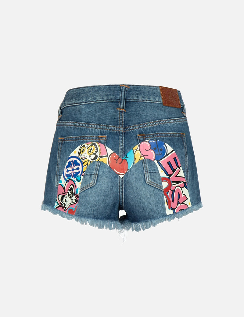 EVISU GRAFFITI DARUMA DAICOCK PRINT DENIM SHORTS outlook