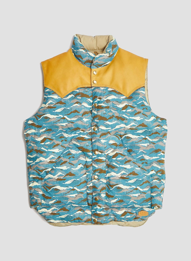 Rocky Mountain Featherbed x Nigel Cabourn Down Vest Mountain Camo in Blue 1