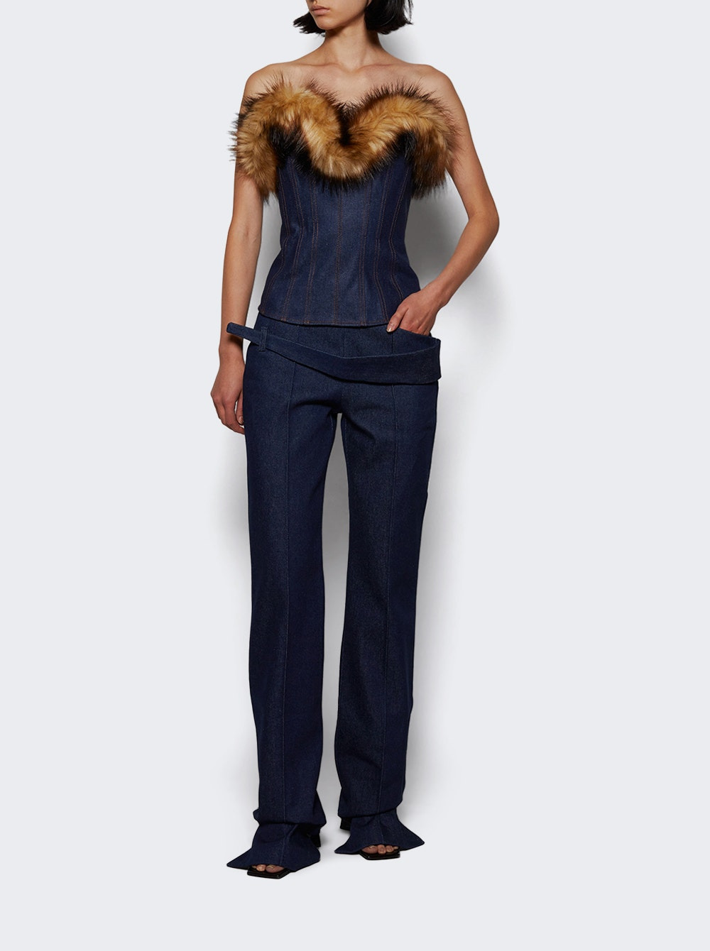 Detachable Faux-fur Trim Corset Top Indigo And Brown - 5