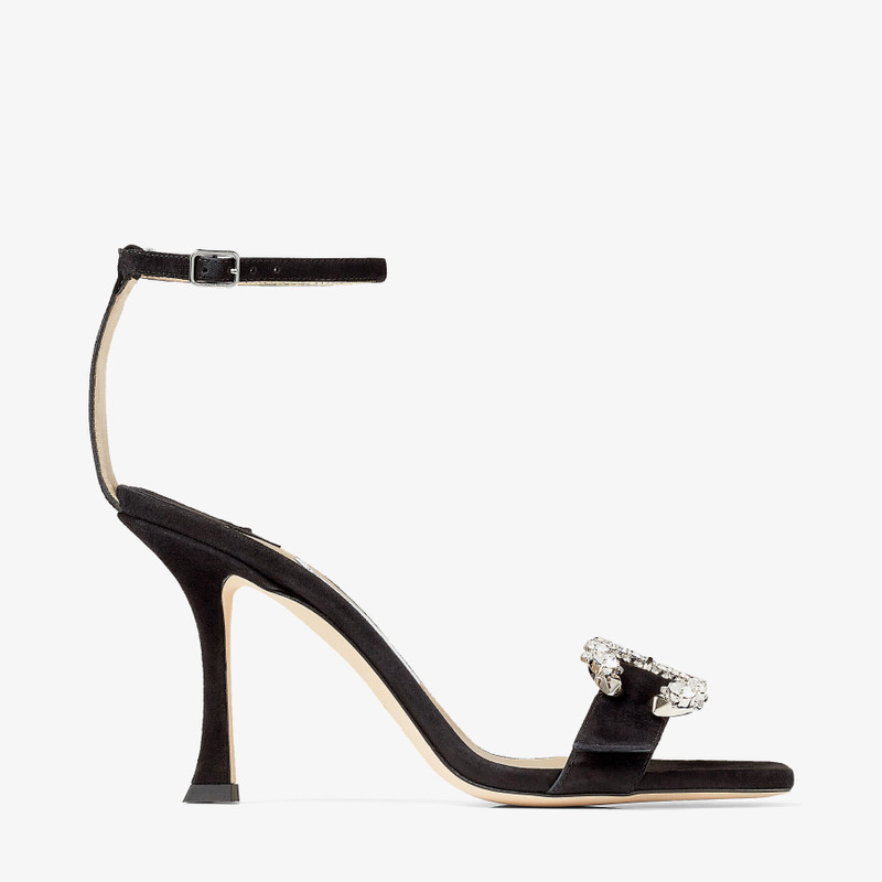 Marsai 90 Black Suede Sandals with Crystal Buckle 1