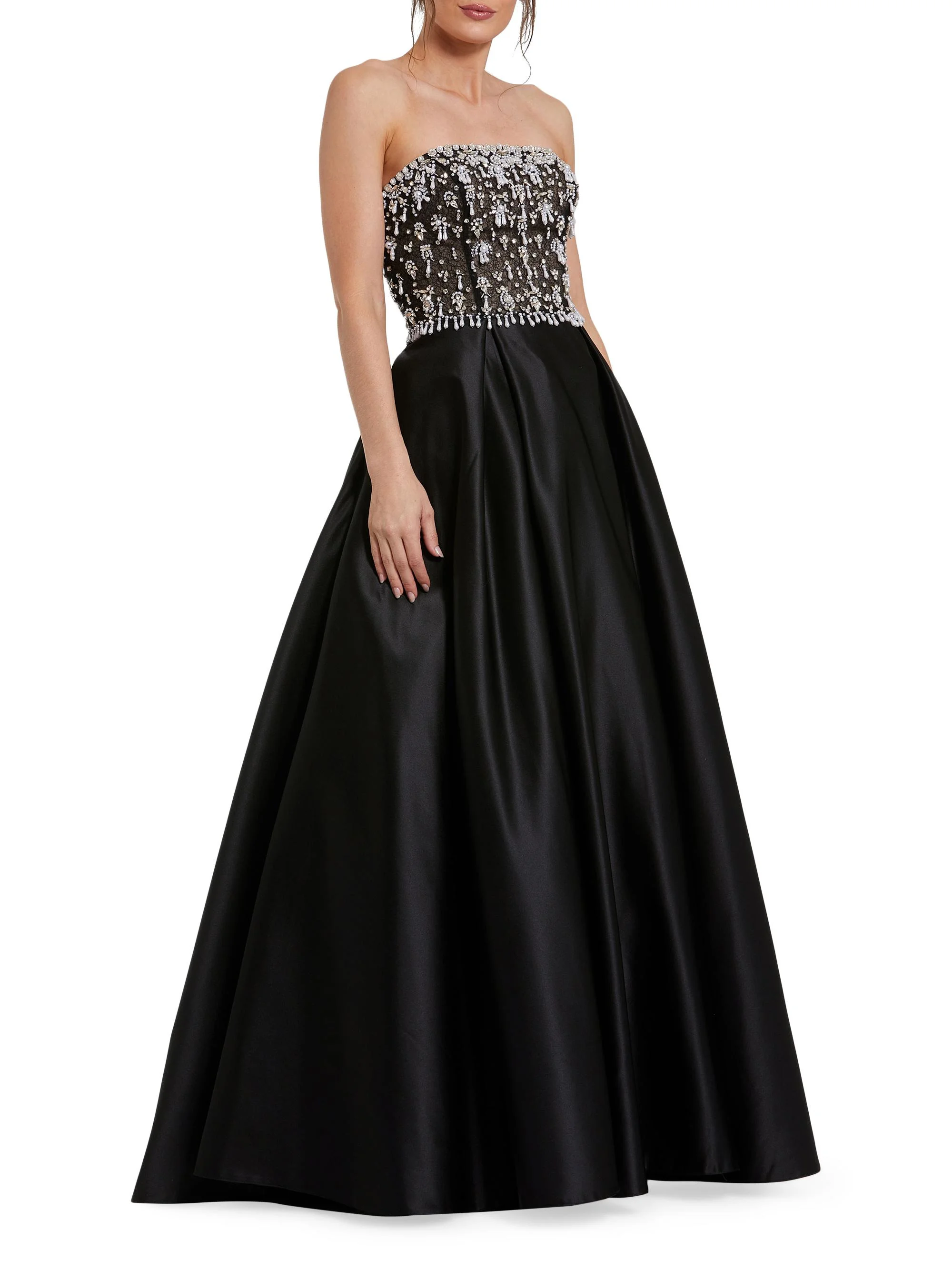 Women's Satin Embellished Strapless Ballgown - Black Ivory - 1