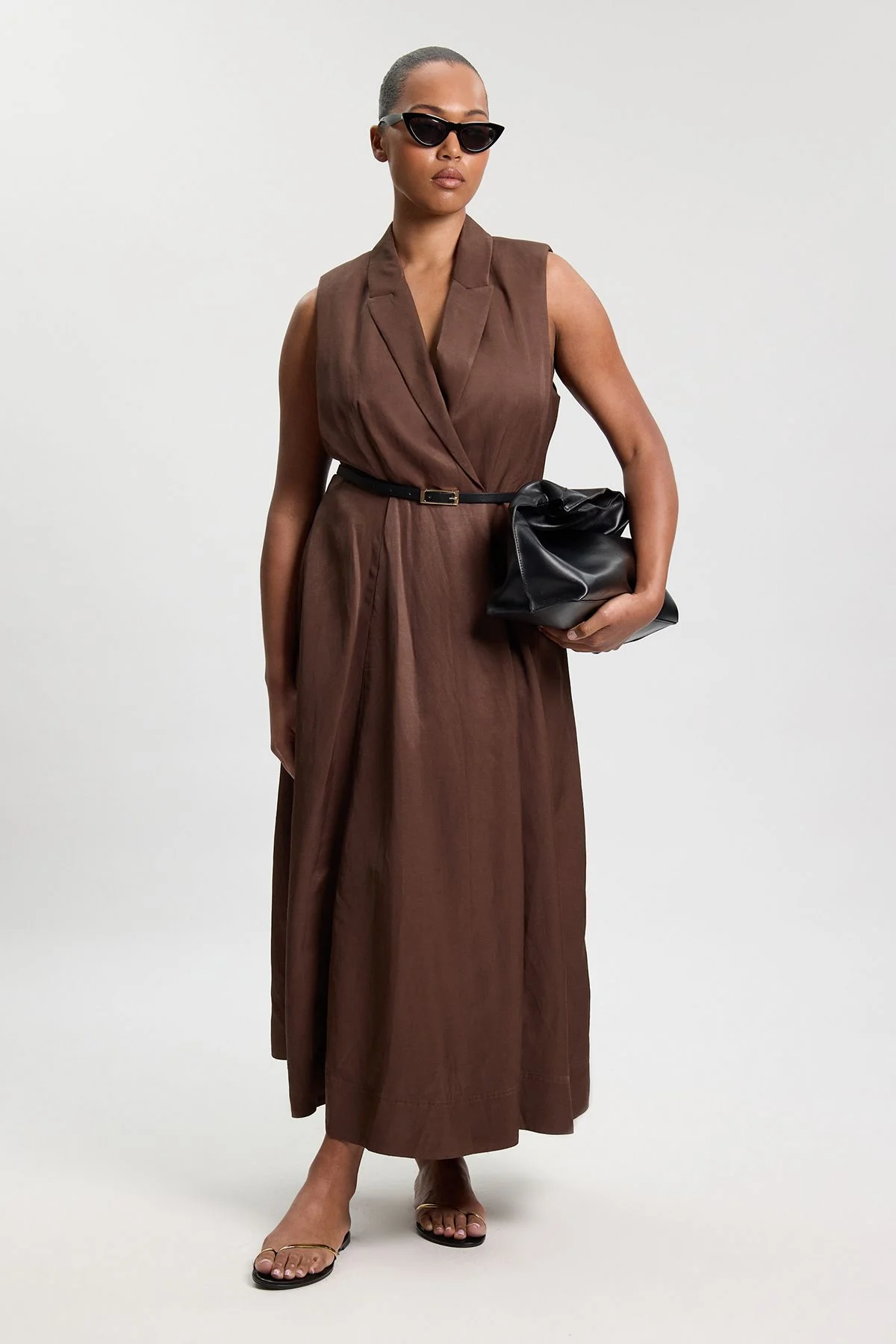 Plus Size Premium Viscose Linen Tailored Belted Full Skirted Midi Dress - 1
