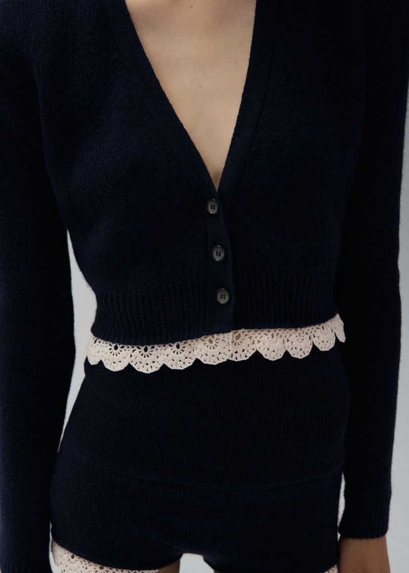 Lace trim cashmere sweater in navy 4