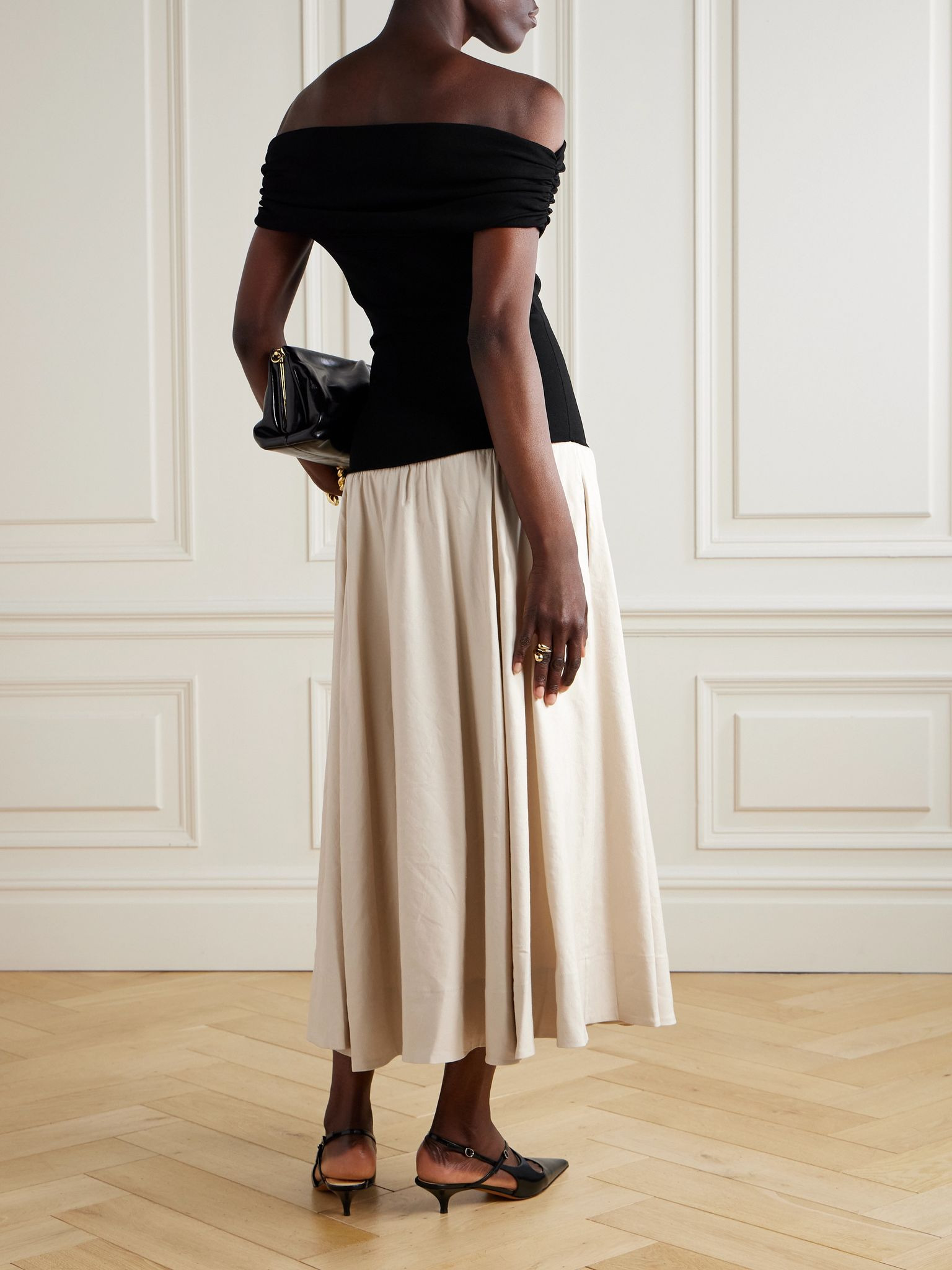 Adaline off-the-shoulder linen-blend and recycled satin-jersey midi dress Black - 3