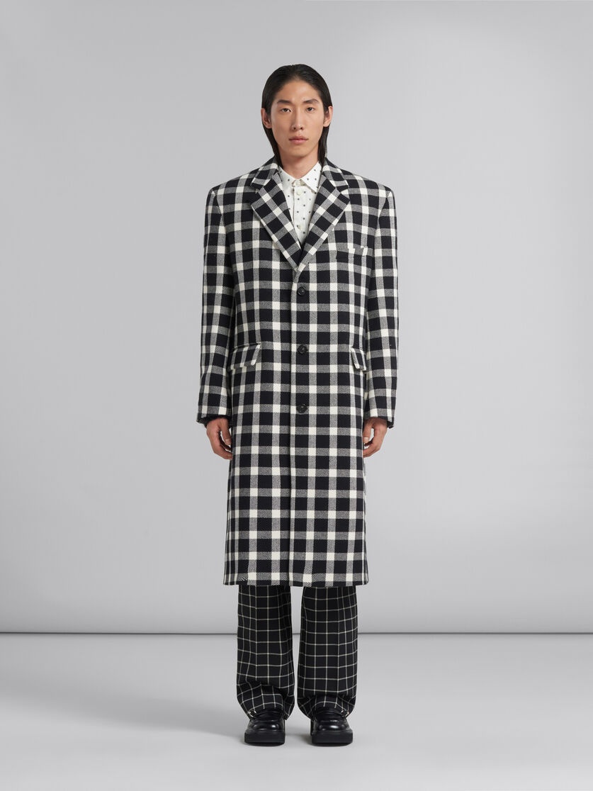 BLACK CHECKED WOOL COAT - 2