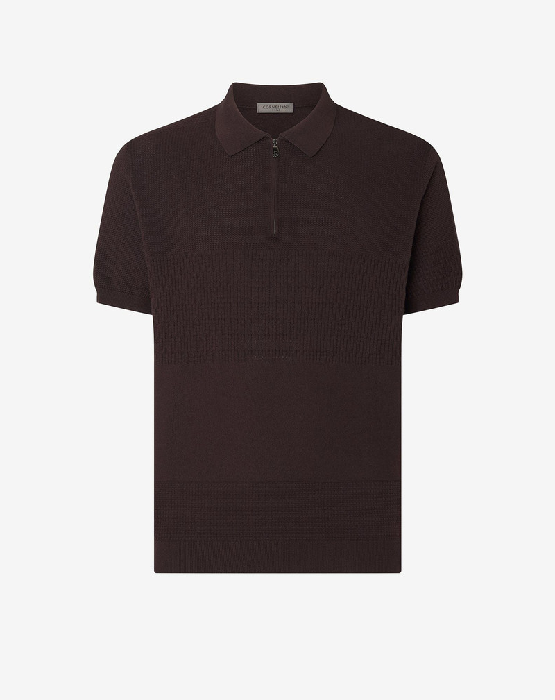 Brown zip-up Pima cotton polo shirt 1