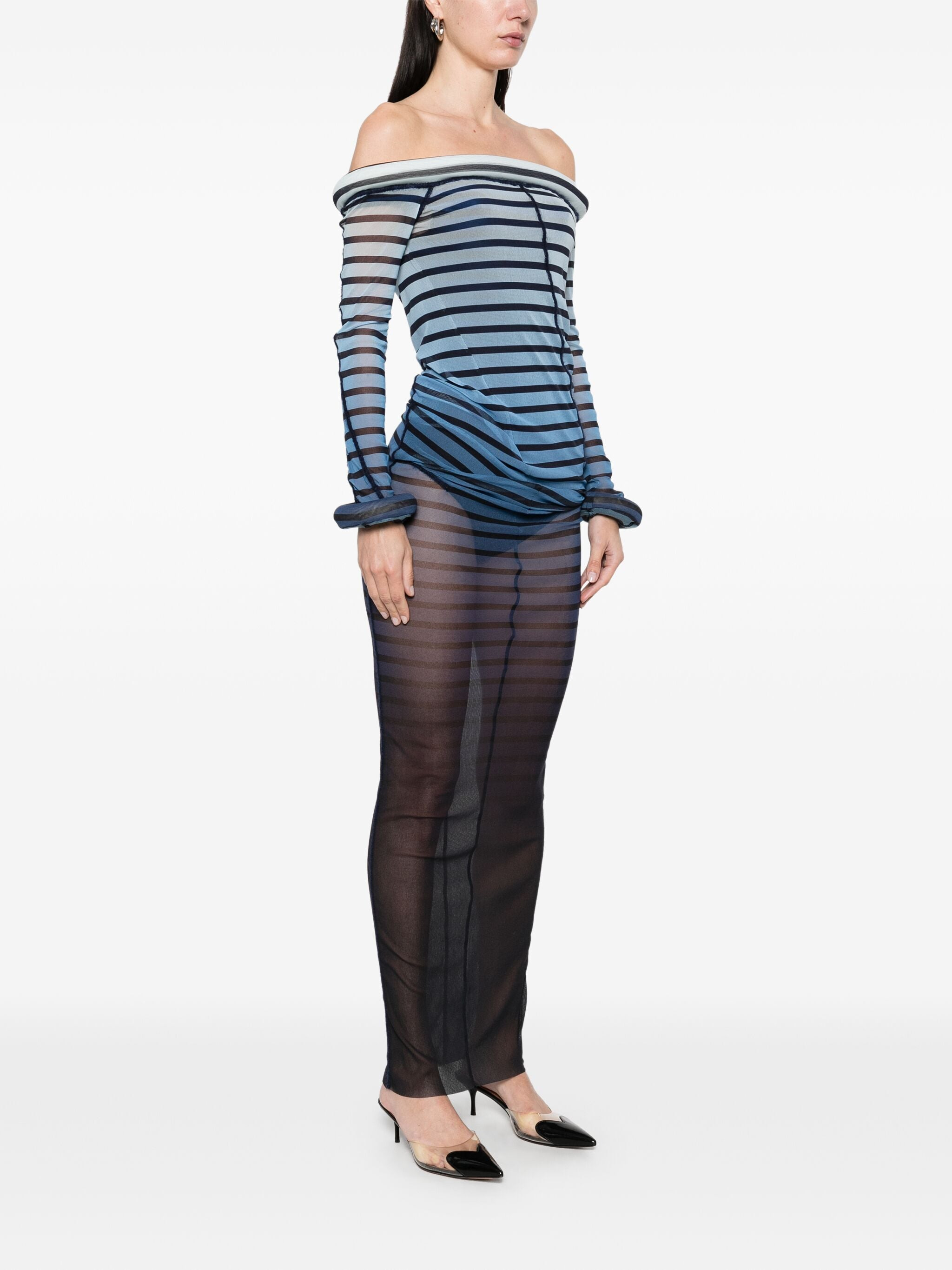 Jean Paul Gaultier Women Mesh Boat Neck Long Dress With 3D Collar And Cuff - 7