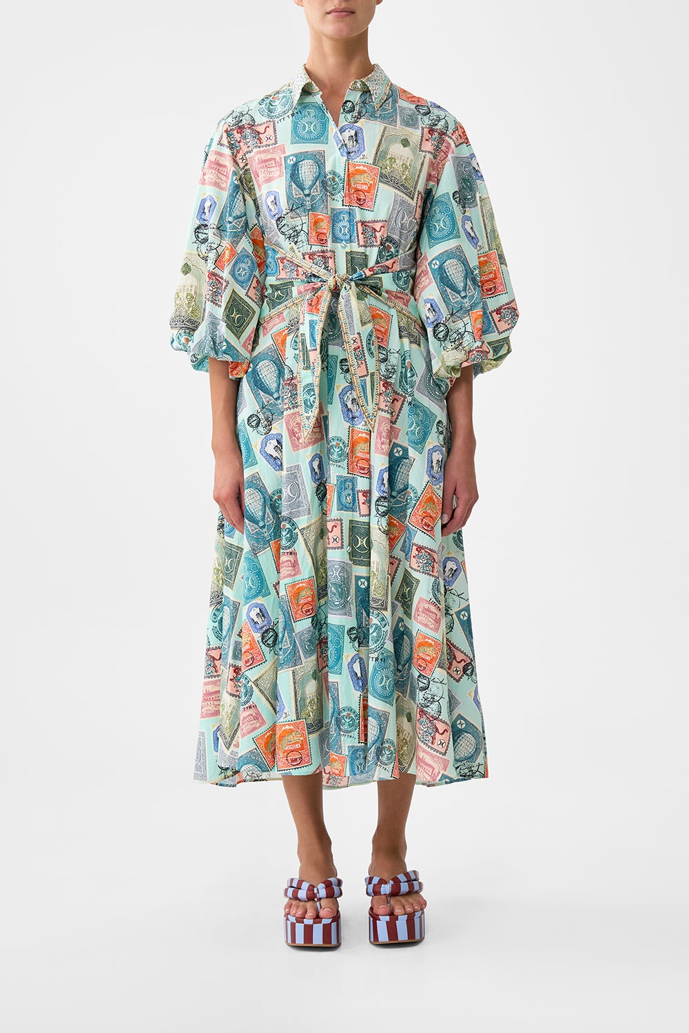WAIST TIE SHIRT DRESS WITH BUBBLE SLEEVE - 2