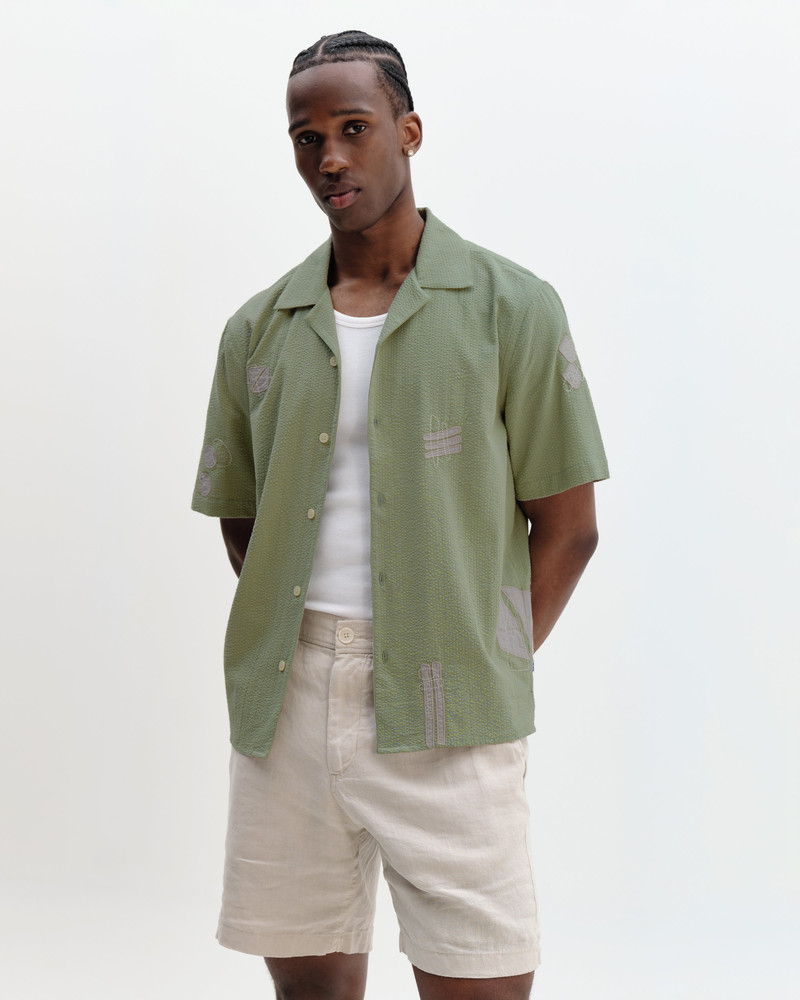 Wax London Didcot - Sage And Ecru Scribble Applique Short-Sleeve Shirt outlook