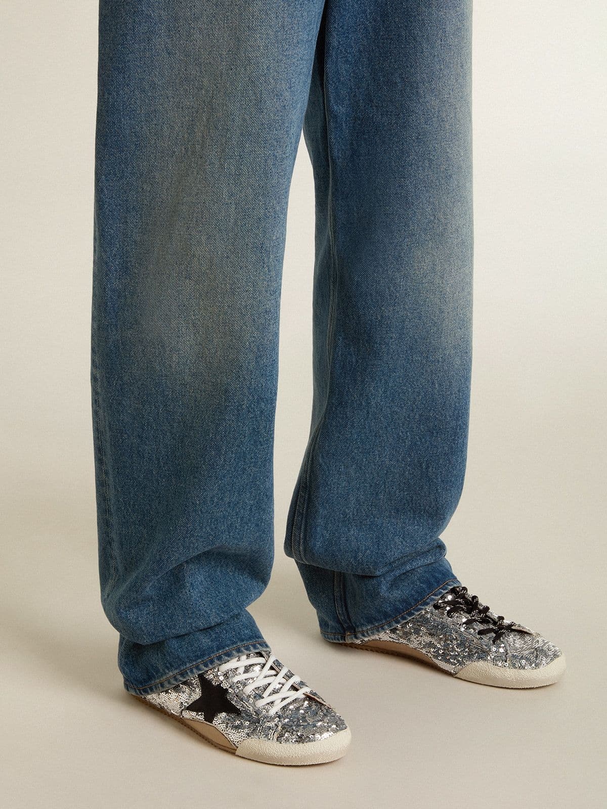 Women's True-Star in silver sequins with black star and beige leather heel tab - 3