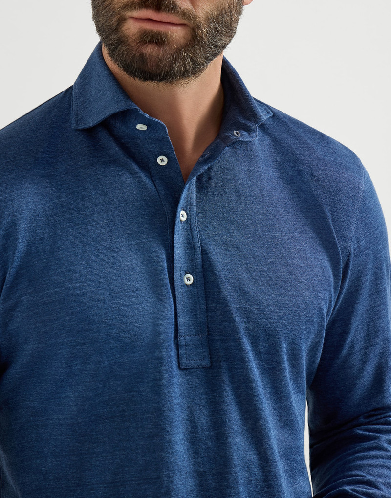 Linen and cotton mélange jersey long sleeve polo with shirt-style collar 4