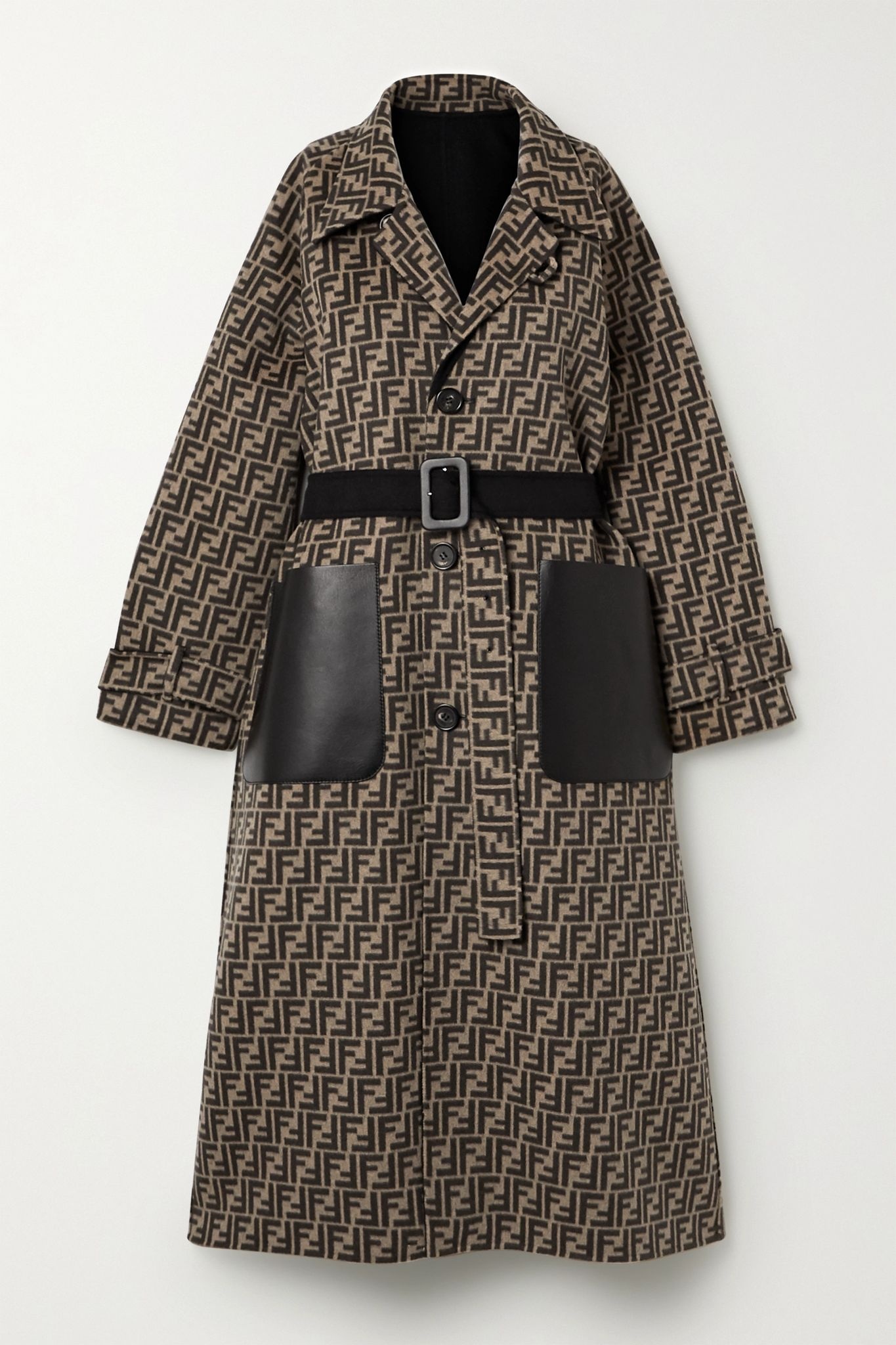 Reversible belted leather-trimmed wool and silk-blend jacquard coat - 1