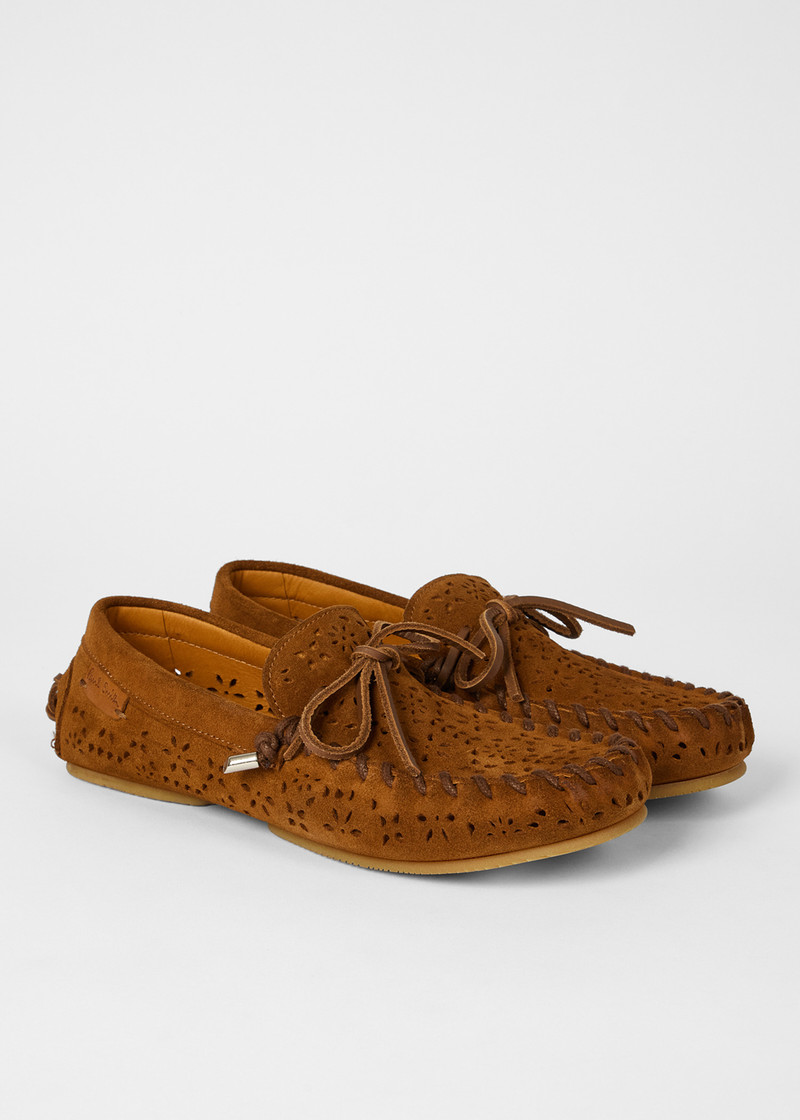Women's Tan 'Sonna' Perforated Floral Suede Moccasins 4